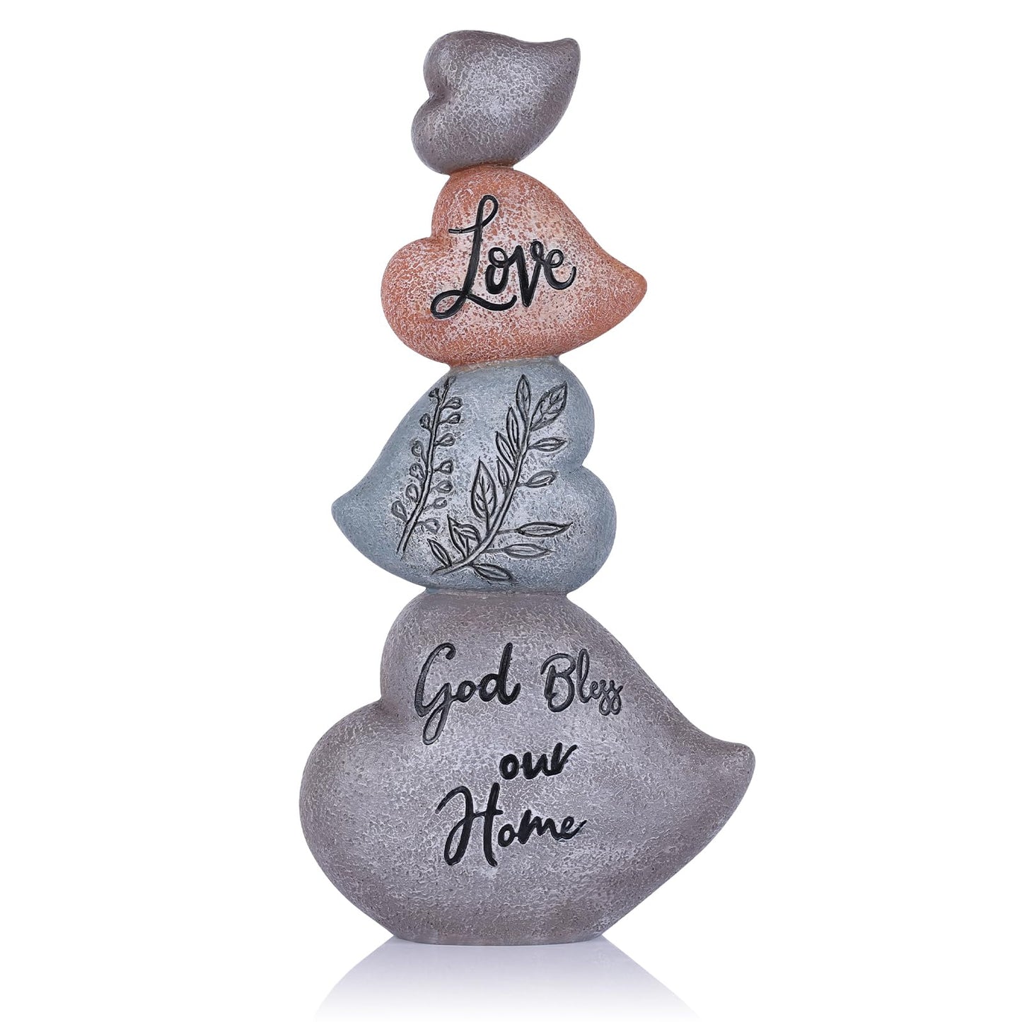8.07in Heart Sculpture Decor, Textured Stone-Look Love Statue with God Bless Our Home Message, Stacked Heart Figurine for Shelf, Tabletop and Mantel, Housewarming Gift, Heart Decorations for Home