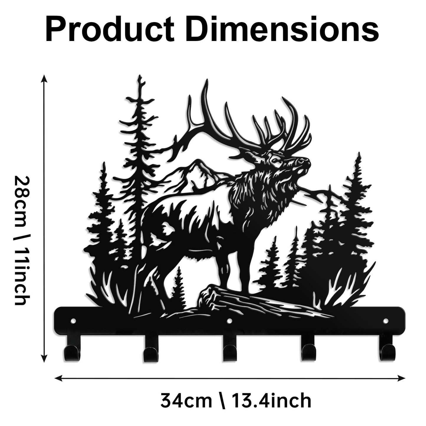 Hnatzu Deer Head Key Hanger Wall Mount-Rustic Metal Wall Hook with Mountain Forest Scene, Functional Deer Wall Decor for Entryway, Cabin, Hunting Lodge