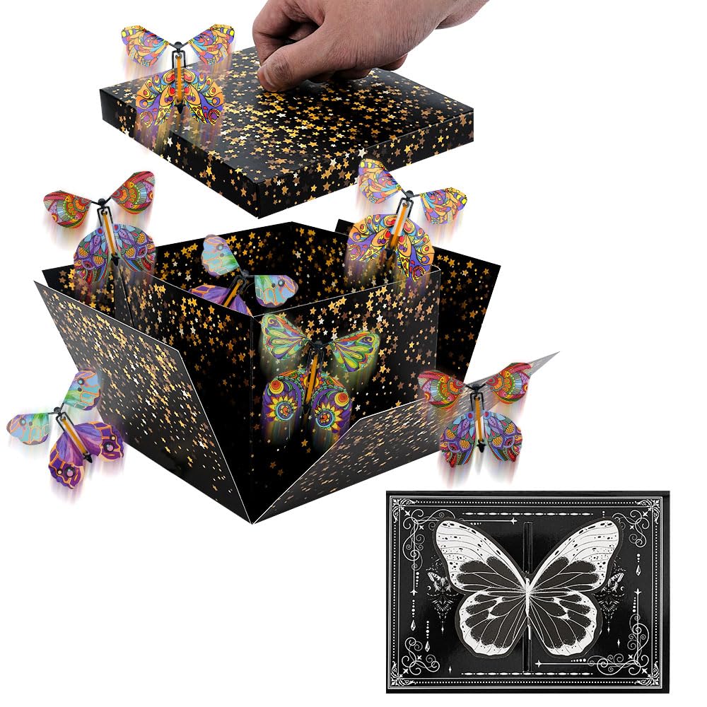WCHOSOZH Surprise Explosion Gift Box with 4Pcs Flying Butterflies, Exploding Gifts Box with Congratulation Card, Butterflybirthday Surprise Boxes for Birthday Wedding Anniversaries Party Mothers Day(Black)