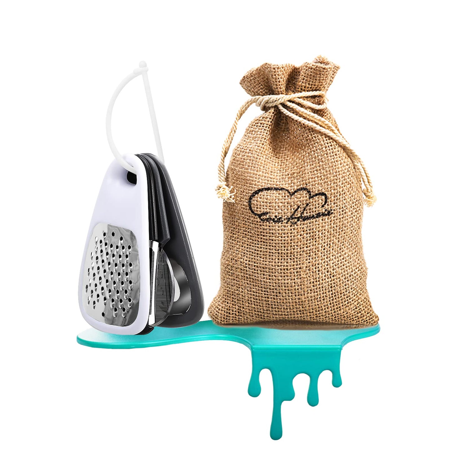5 Pieces Kitchen Gadgets Set - Space Saving Cooking Tools Accessories Cheese Chocolate Grater, Fruit Vegetable Peeler, Bottle Opener, Pizza Cutter, Burlap Bags with Drawstring Gift Set