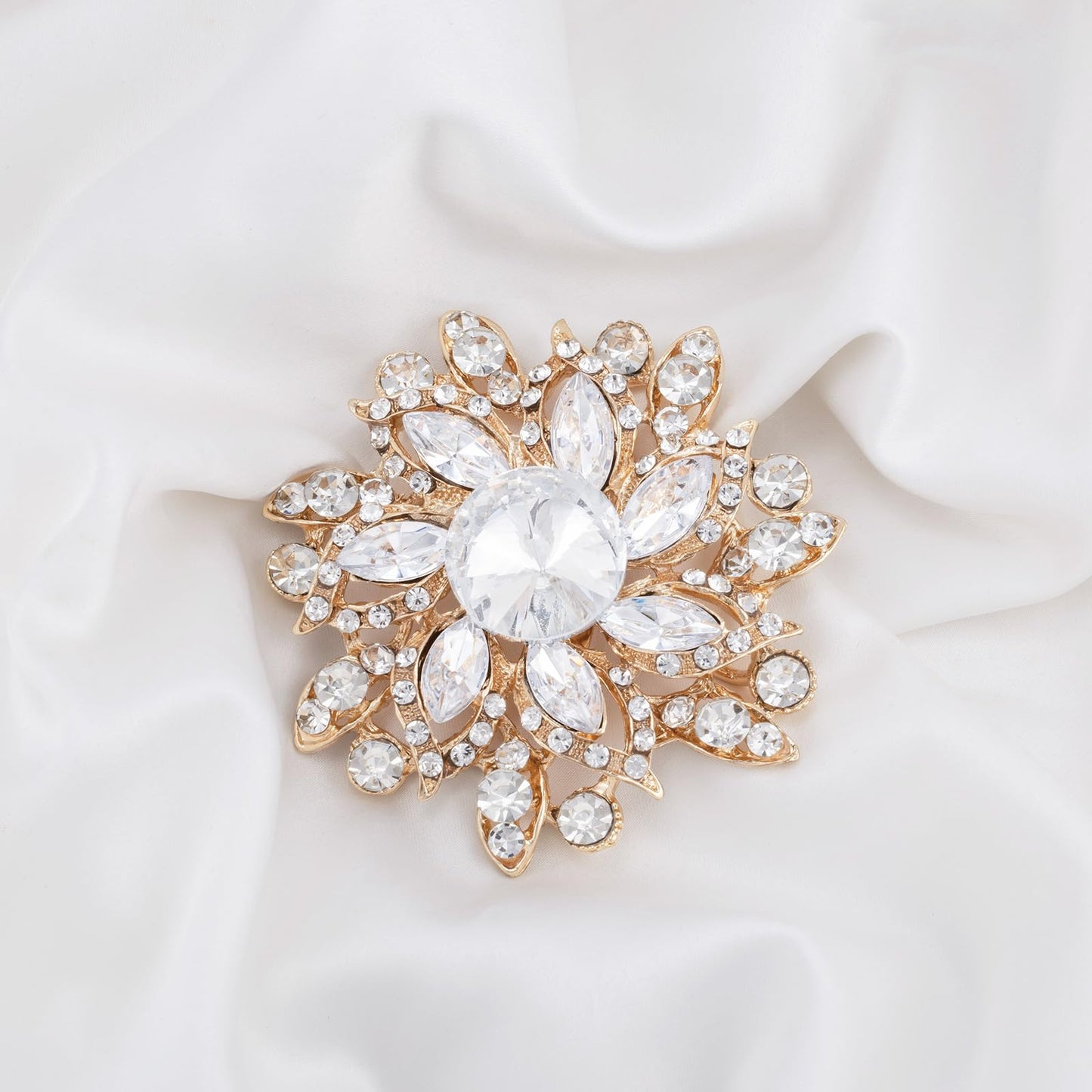 LAXPICOL Vintage Women's White Austrian Crystal Elegant Flower Brooch Wedding Broach Pin Gold Tone