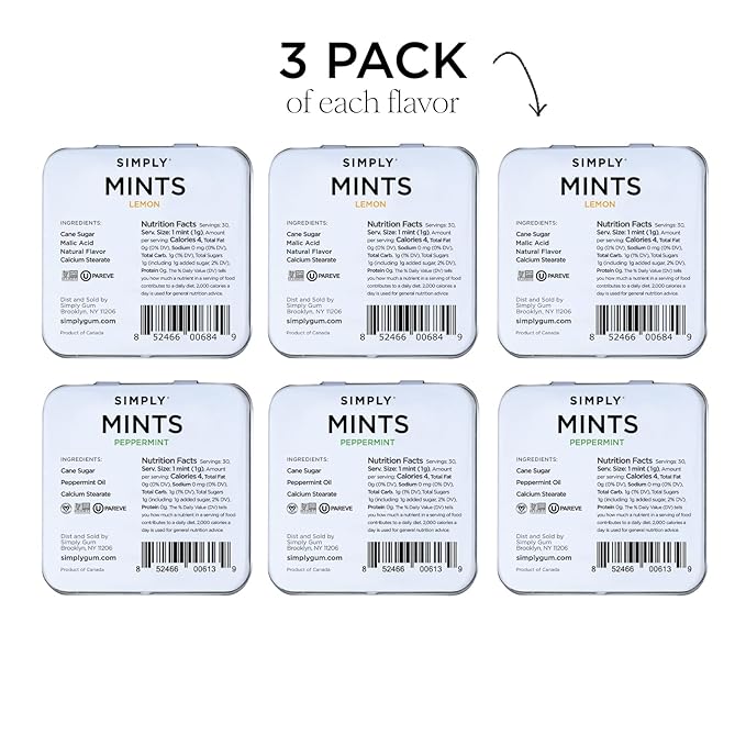 SIMPLY Mints | Peppermint & Lemon Breath Mints Variety Pack | Pack of Six (180 Pieces Total) | Zesty & Refreshing + Aspartame-Free + Vegan + non-GMO