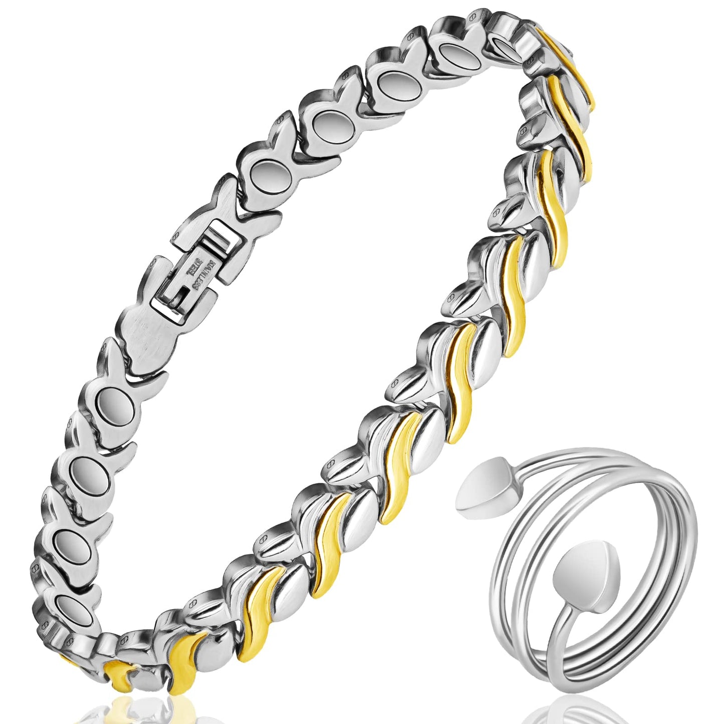 Lymph Detox Magnetic Bracelet for Women, Titanium Steel Magnetic Bracelet with Fishtail Design, Magnet Therapy Bracelet & Lymphatic Drainage Ring-Jewelry Gift Set with Adjustment Tool