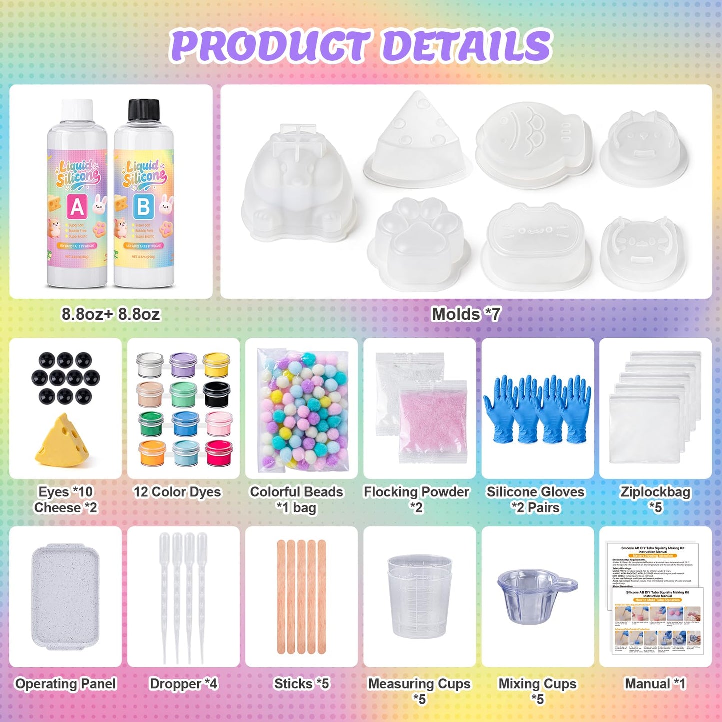Taba Squishy Making Kit, DIY Taba Squishy Kit, 18oz FuFu Squishy 7 Molds Silicone, Liquid Silicone 1:1 AB Ratio Epoxy Resin Mix for Squishy, Stress Relief Taba Squishies, Gifts for Any Occasion