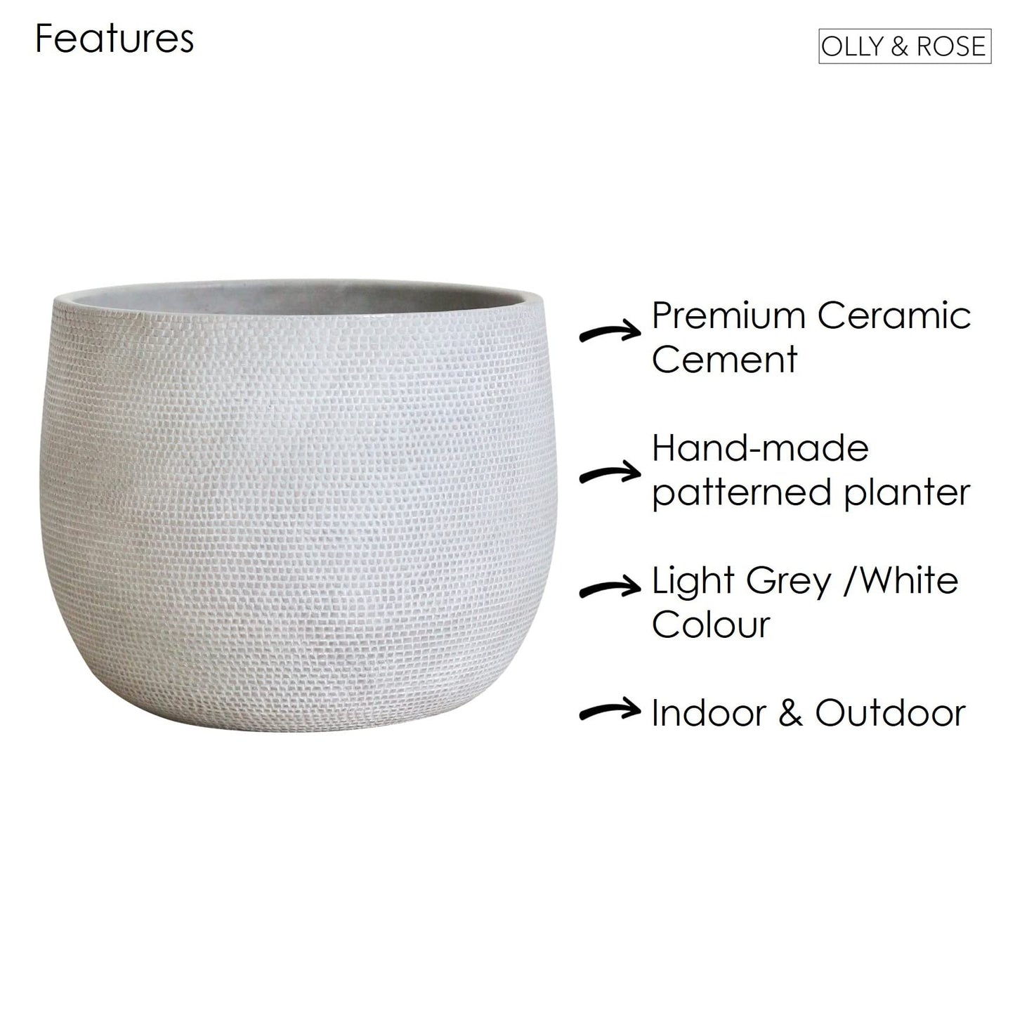 Olly & Rose Barcelona Ceramic Plant Pot Large 25cm 10 Inch - Light Grey Off White Flower Pots - Indoor & Outdoor Planters