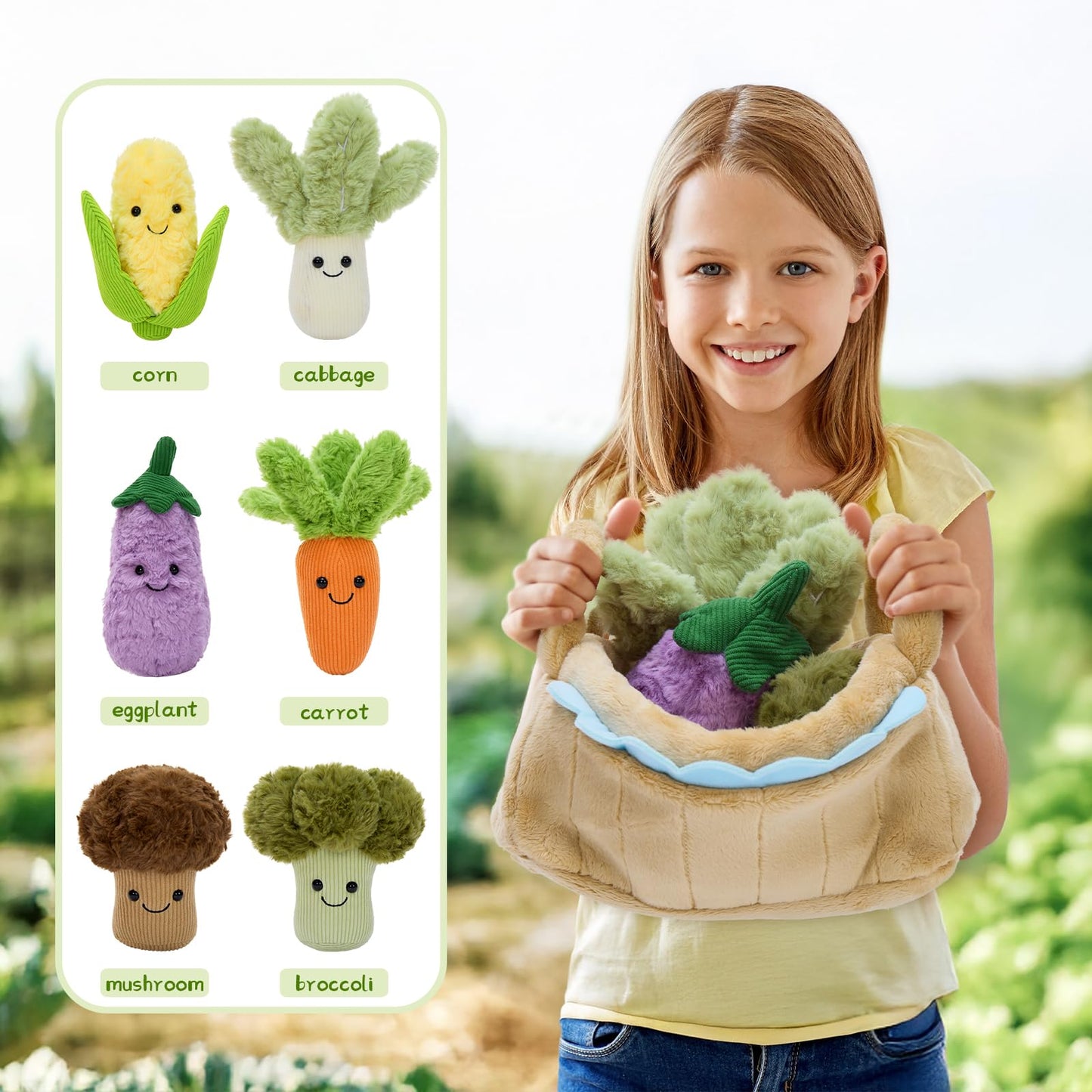 Tezituor 7 Pack Soft Vegetable Plushies Bulk for Easter Basket Veggie Stuffed Animals Interactive Toys Multi-Pack Food Playset Educational Plush Toy for Toddlers Party Favors Decor
