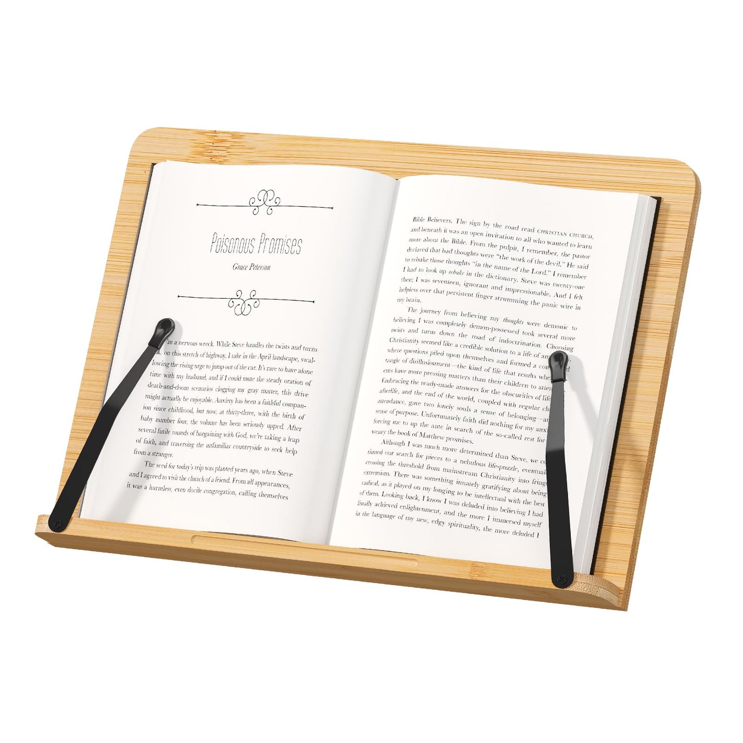 Bamboo Book Stand, Adjustable Reading Holder with Page Clips, Portable Lightweight Desk Stand for Textbooks, Cookbooks (Small)