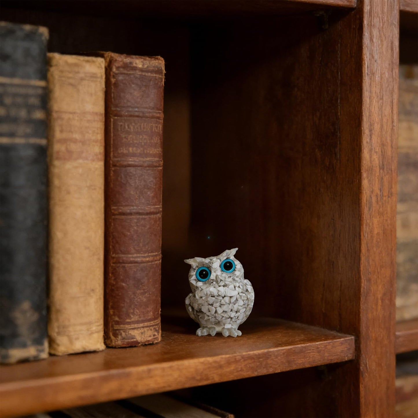 PinpinPony Owl Statue, Natural Gemstones Decor for Home Office, Shelf Display Figurine, Handcrafted Unique Owl Sculpture(White)