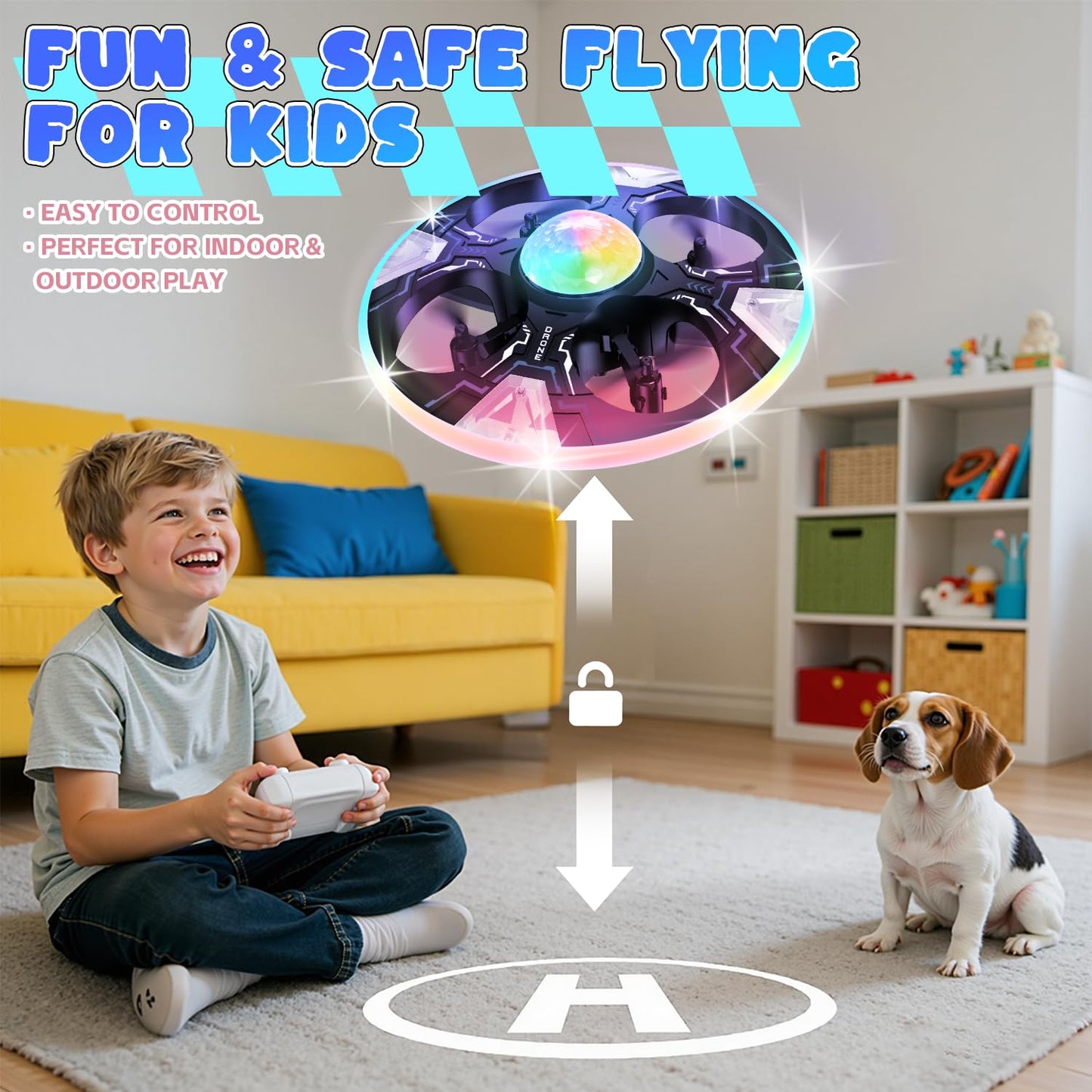 Mini UFO Drone for Kids – Safe RC Toy with 7 LED lighting modes, 360° Flips, Light Projection onto Ceilings, Auto Hover, Hand Gesture, 2 Batteries(14 Min Flight), Ideal Fun Gift for Kids