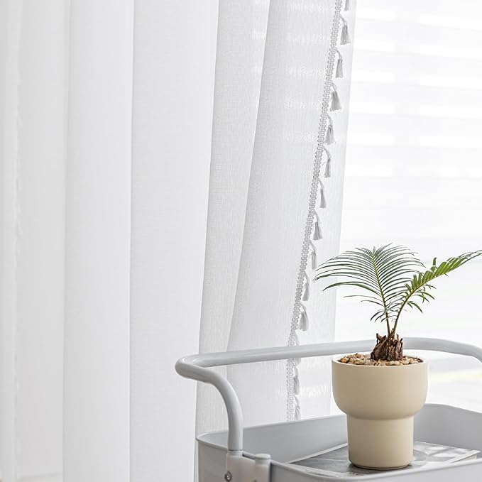 White Sheer Curtains 84 inch Long, Fringed Edges and Textured Semi Sheer Curtains Large Window Treatments for Living Room/Bedroom, 2 Panels