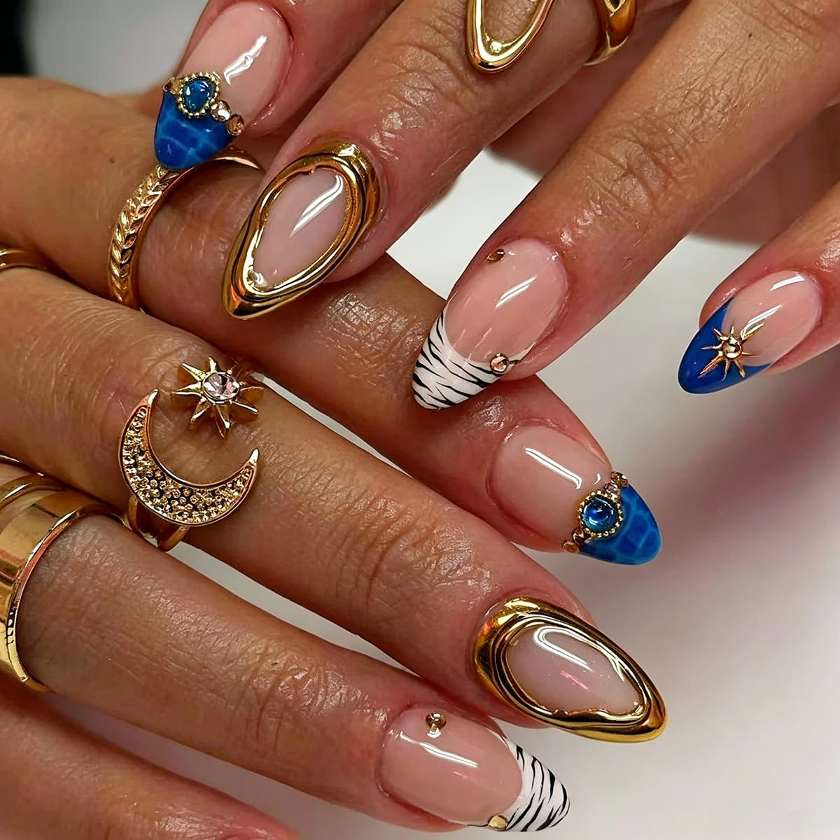 Medium Almond Press on Nails Blue French Tip Fake Nails with Gold Star Design Nude Pink Nails press ons Acrylic Glossy Stick on Nails for Women, Luxury Boho Style 30Pcs