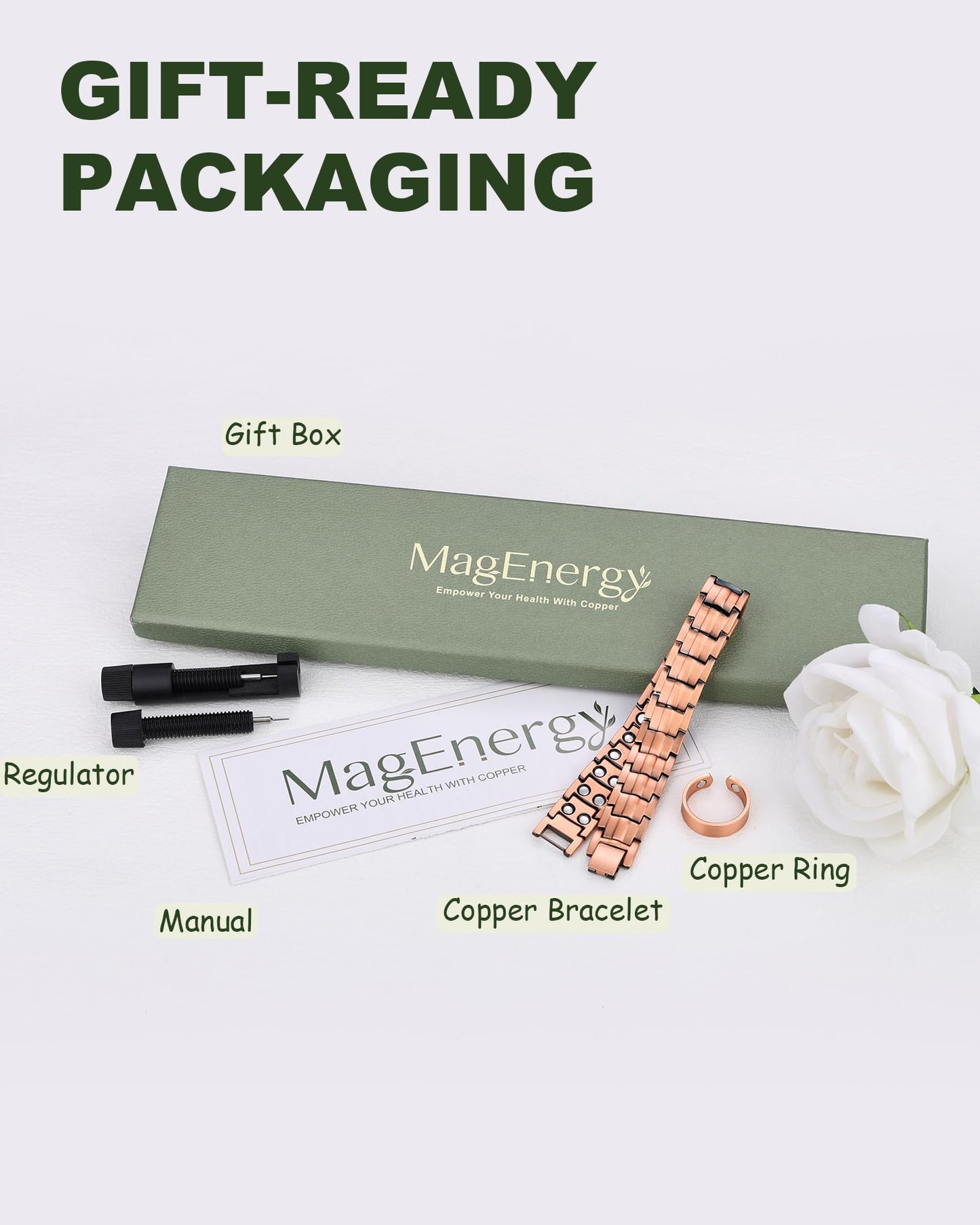 MagEnergy Copper Magnetic Bracelet for Men, 99.9% Pure Copper Bracelet with Double-Row Strength Magnets, Adjustable Jewelry with Sizing Tool
