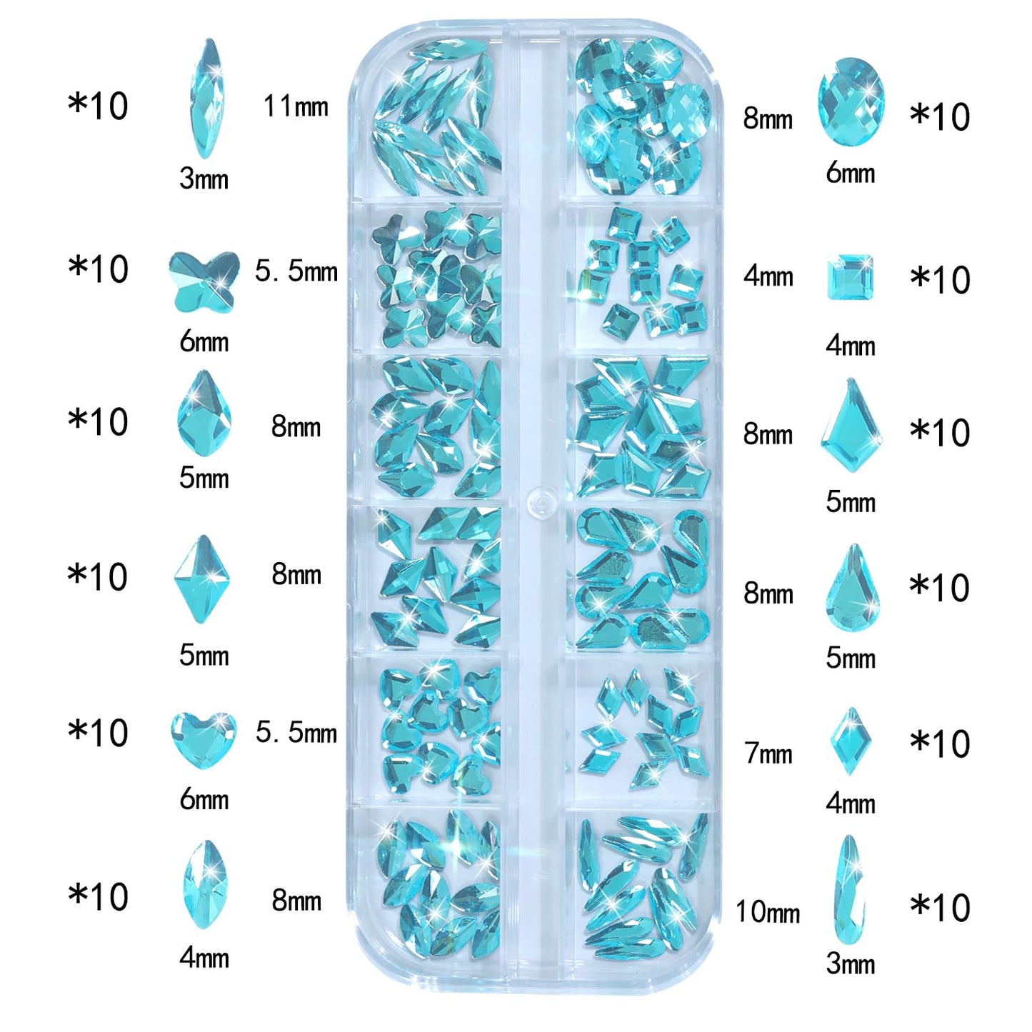 Nail Rhinestones - 3D Multi Shape Size, Flat Back, Manicure Rhinestones Charms, Crystal Lake Blue Gems, with Kit, for Nail Art, Bedazzling Acrylic Nails, DIY Decor