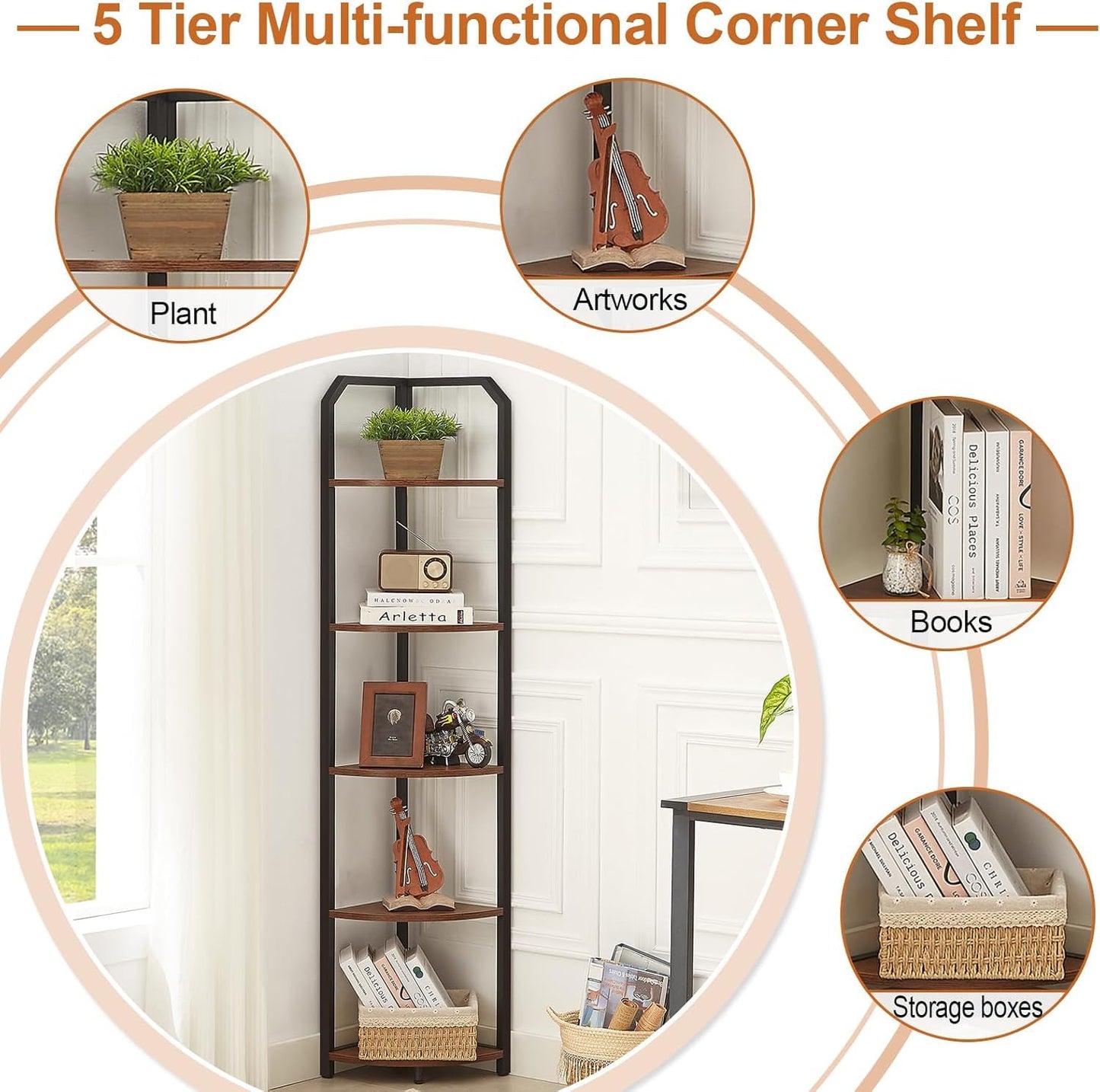 MNEETRUNG Corner Shelf, 5-Tier Industrial Corner Bookshelf, Freestanding Corner Shelf Stand with Metal Frame, Open Corner Plant Stand for Small Space, Home Office, Living Room, Bedroom, Brown