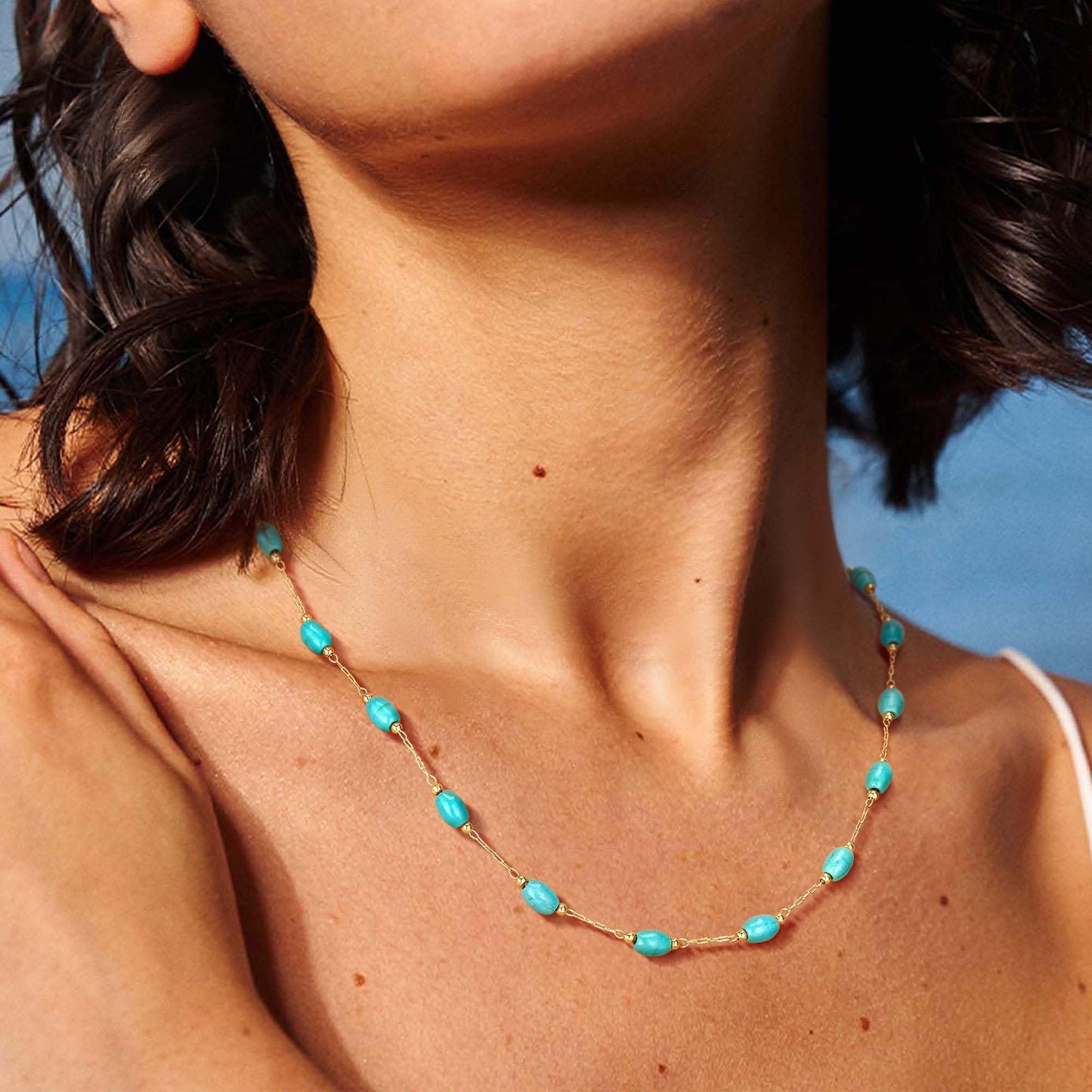 LOLAR RAY Turquoise Jewelry for Women - 14K Gold Plated Oval Choker Boho Necklaces for Women Summer Beach Boho Choker Bead Gift