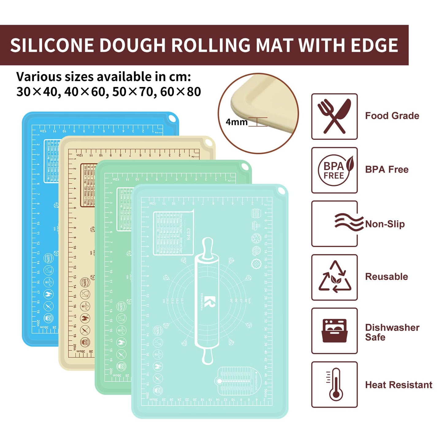 Silicone Baking Mat 20"L x 28"W, Extra Thick Dough Rolling Pad with Measurements and Edge Heightening, Non-stick Food Grade Silicone Pastry Mat for Pastry, Bread, Cookies