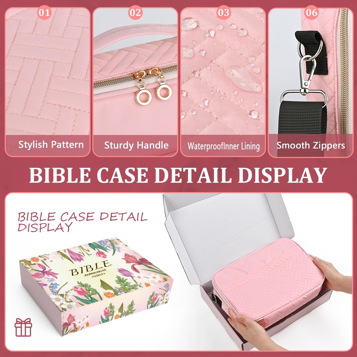 Yozbcfv Bible Cover for Women,Large Bible Bag with Shoulder Strap, Bible Study Supplies Carrier Includes Highlighters Tabs,Journaling Kit Case Packed in Gift Box, Christian Gifts for Women(Pink