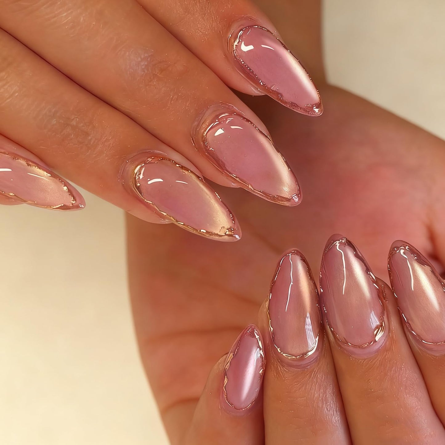VOTACOS Cat Eye Acrylic Press on Nails Almond Medium Light Pink Acrylic Fake Nails Press Ons with Designs Gold Glue on Nail for Women 24PCS Reusable Artificial Stick on False Nail with 3D Line Designs