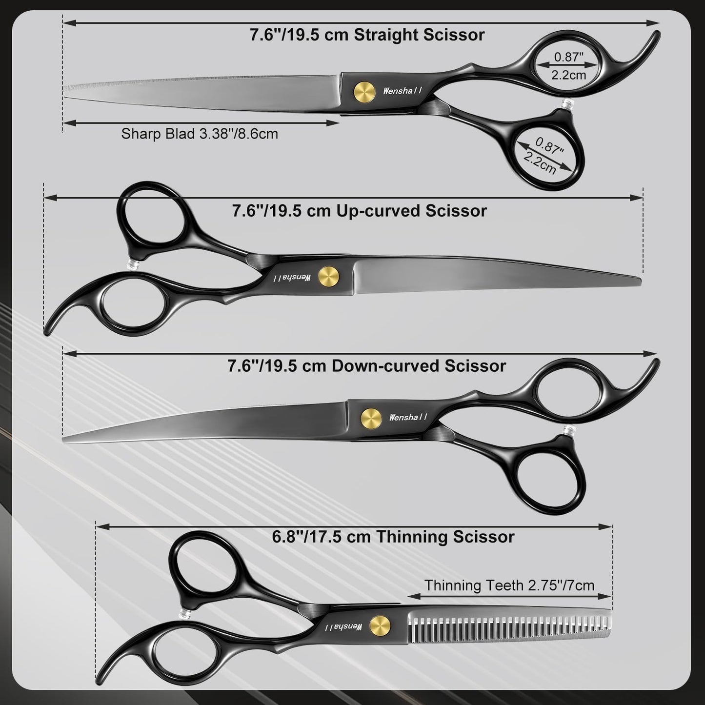 Wenshall Professional Dog Grooming Scissors Set - 6.5" Thinning, 7" Straight, 7" Up-Curved, 7" Down-curved Scissors and Comb for Dog Cat Pet (Black)