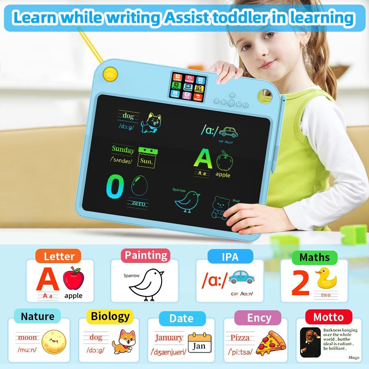 16 Inch LCD Learning Tablet Autism Toys forvalentines Day Gifts Kids 5-7 Dual-Screen Pad with 9 Learning Themes,Rechargeable Erasable Board Extra Stylus Lock Switch for Travel Home School