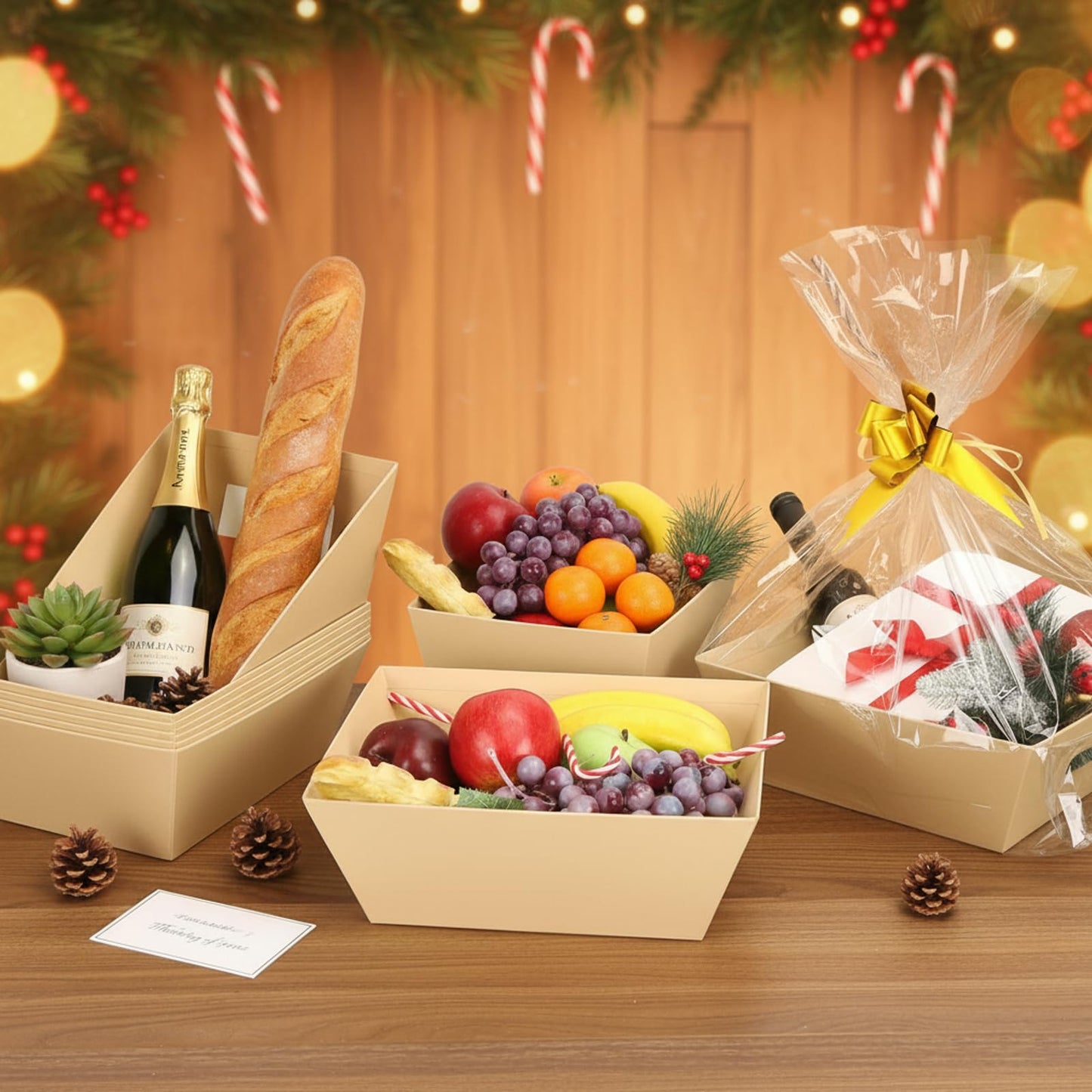 12 Pack Baskets for Gifts Empty, 10 x 7 x 3” Kraft Empty Gift Basket to Fill with 16 Cellophane Bags & 16 Pull Bows, Gift Baskets Bulk with Cellophane Wrap Set for Valentine’s Day, Christmas, Easter
