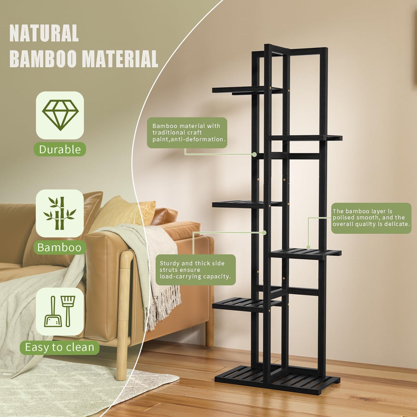 ROMGUAR CRAFT 6 Tier Bamboo Plant Stand Indoor, Wood Tall Flower Holder Corner Tiered Plant Shelf for Multiple Plants (Black)