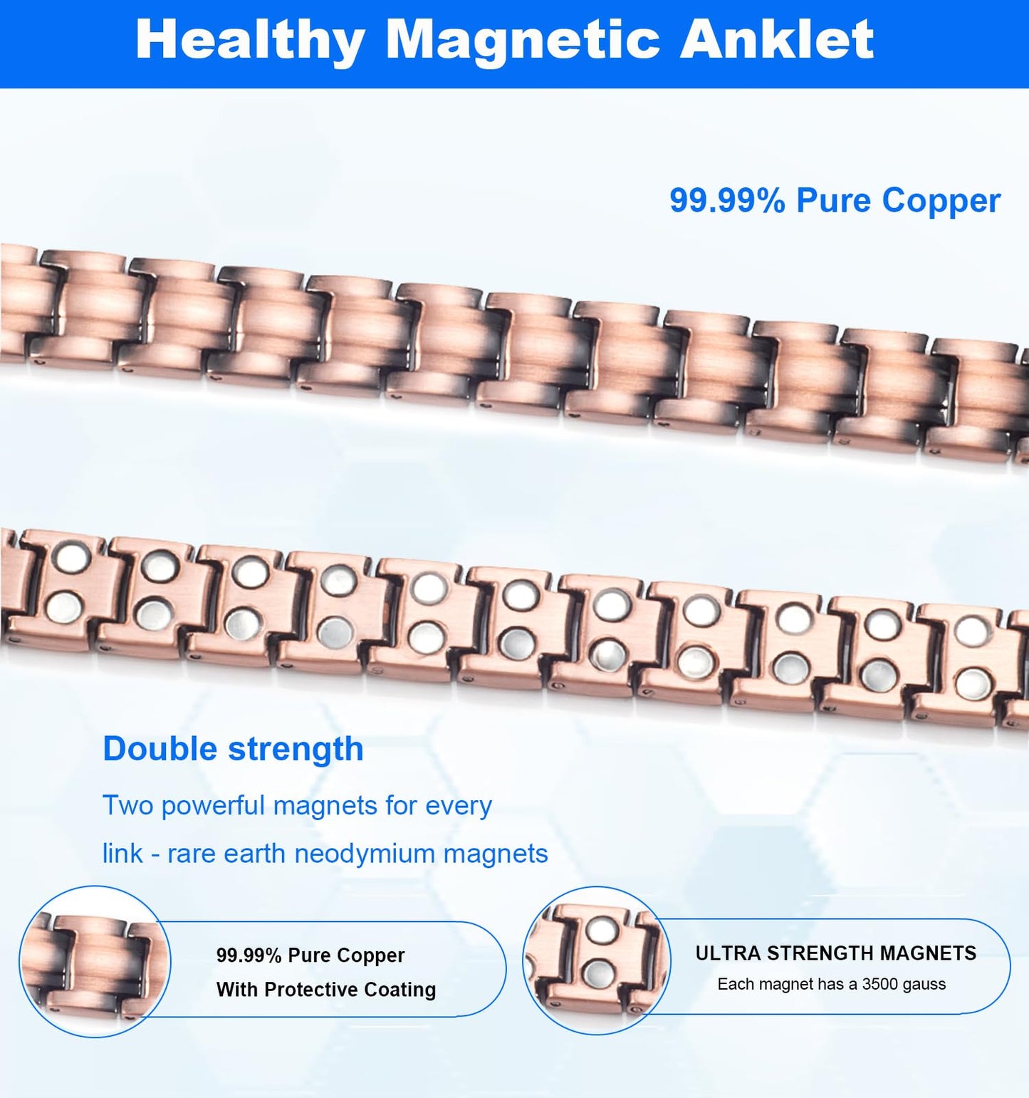 EnerMagiX Copper Anklet Bracelet for Women, 99% Pure Copper Adjustable Double Row Magnets Anklet, Copper Jewelry Gift (0001W)