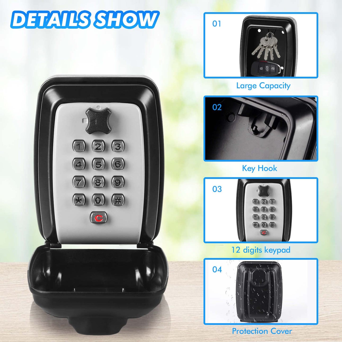 POMYDODU Key Lock Box, Wall Mounted Key Storage Box with 12-Digit Keyboard Combination, Resettable Code, Large Capacity, Waterproof Security Lock Box for Home, Office, Outdoor