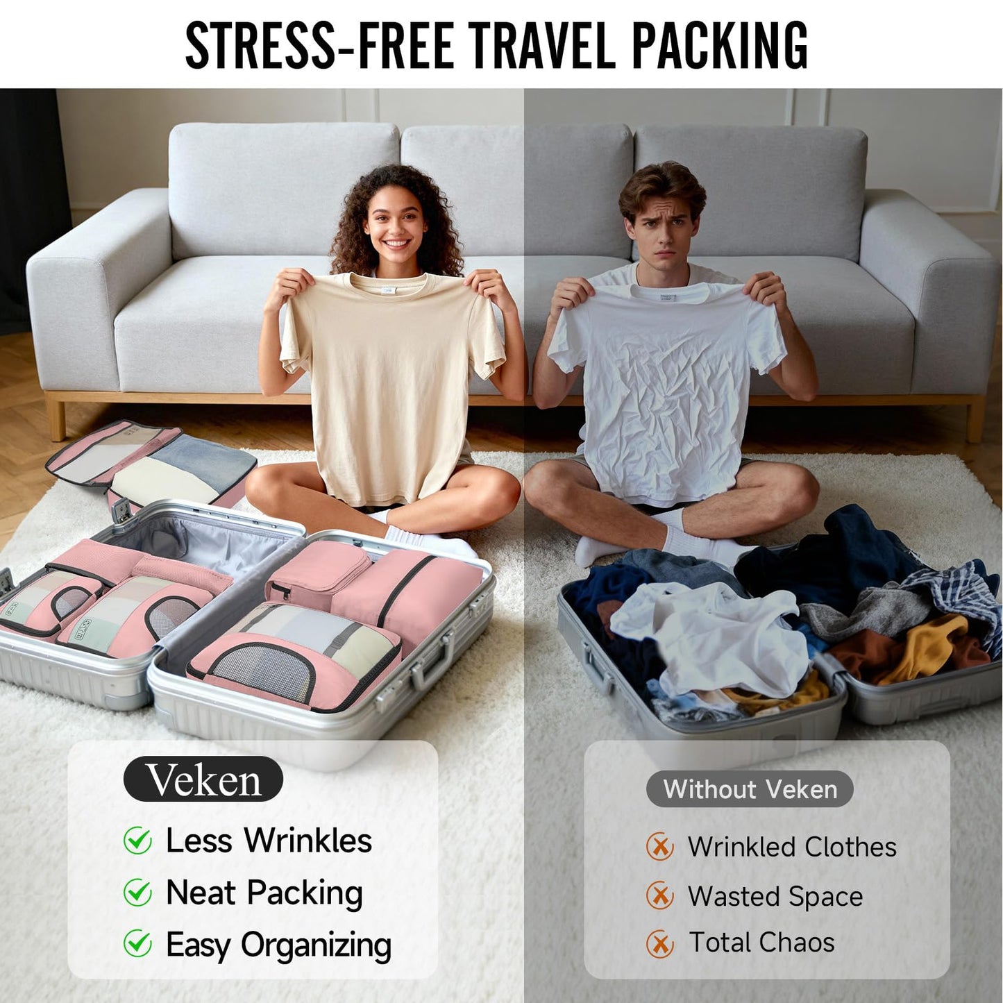 Veken 8 Set Packing Cubes for Travel Essentials, Suitcase Organizer Bags in 4 Sizes, Carry-On Luggage Accessories with Large Laundry & Hanging Toiletry Bag, Must-Have for Airplane, Road Trip & Camping