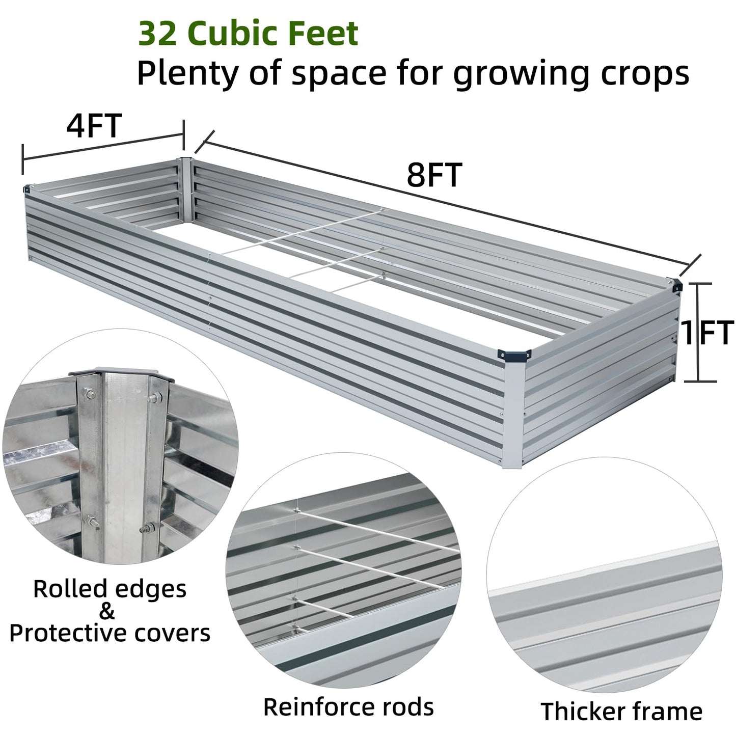 Meberam 2 Pack 8x4x1FT Galvanized Raised Garden Beds Kit Outdoor Metal Gardening Planter Box for Vegetable Elevated Flower Herbs,Silver