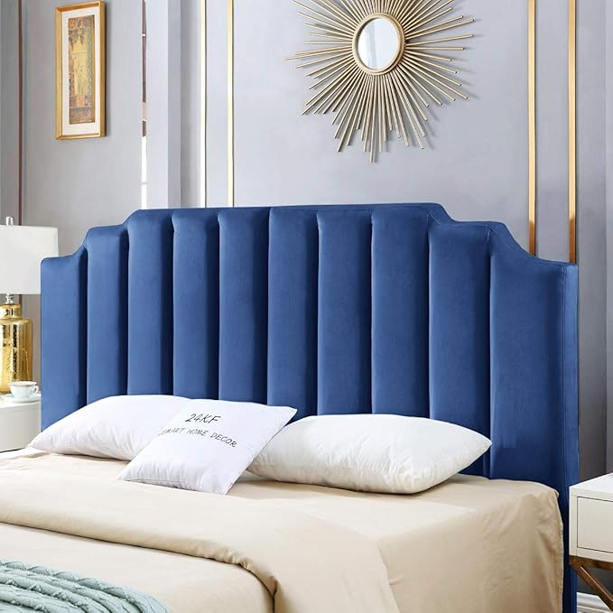 24KF Navy Blue Velvet Tufted King Upholstered Headboard, Modern Vertical Channel Design California King Headboard with Stepped Silhouette Top Edge, Navy Blue