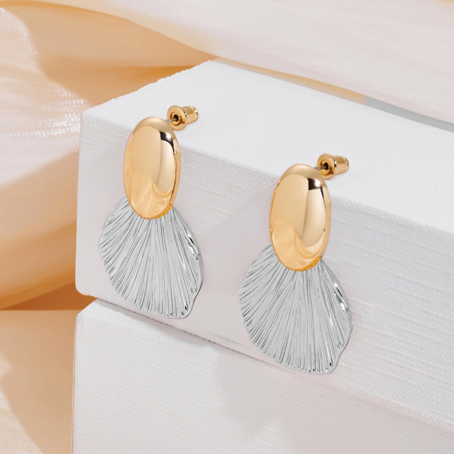 FILMOON Chunky Two-Tone Earrings Shell Earring for Women Fan-Shaped Fashion Statement Jewelry