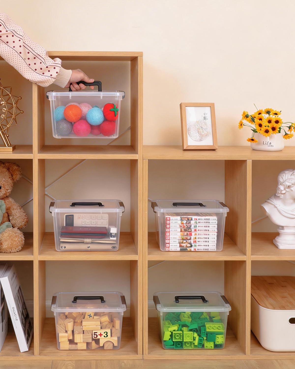 Citylife 4 Packs Plastic Storage Bins with Latching Lids Clear Storage Box with handle Stackable Storage Containers for Organizing Toys, Crafts, Tools