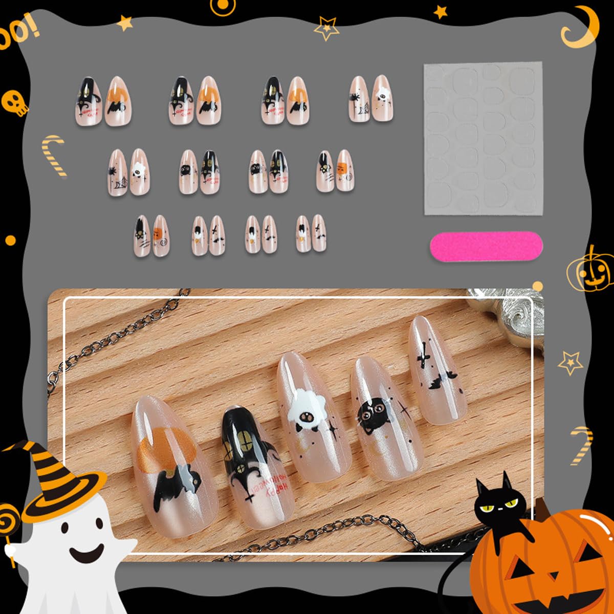 Halloween Press on Nails Medium Nude Fake Nails Spooky and Cute False Nails Press ons with Pumpkin,Ghost,Bat,Cat Designs-Reusable Artificial Nail Full Cover Stick on Nails for Women Manicure 24Pcs