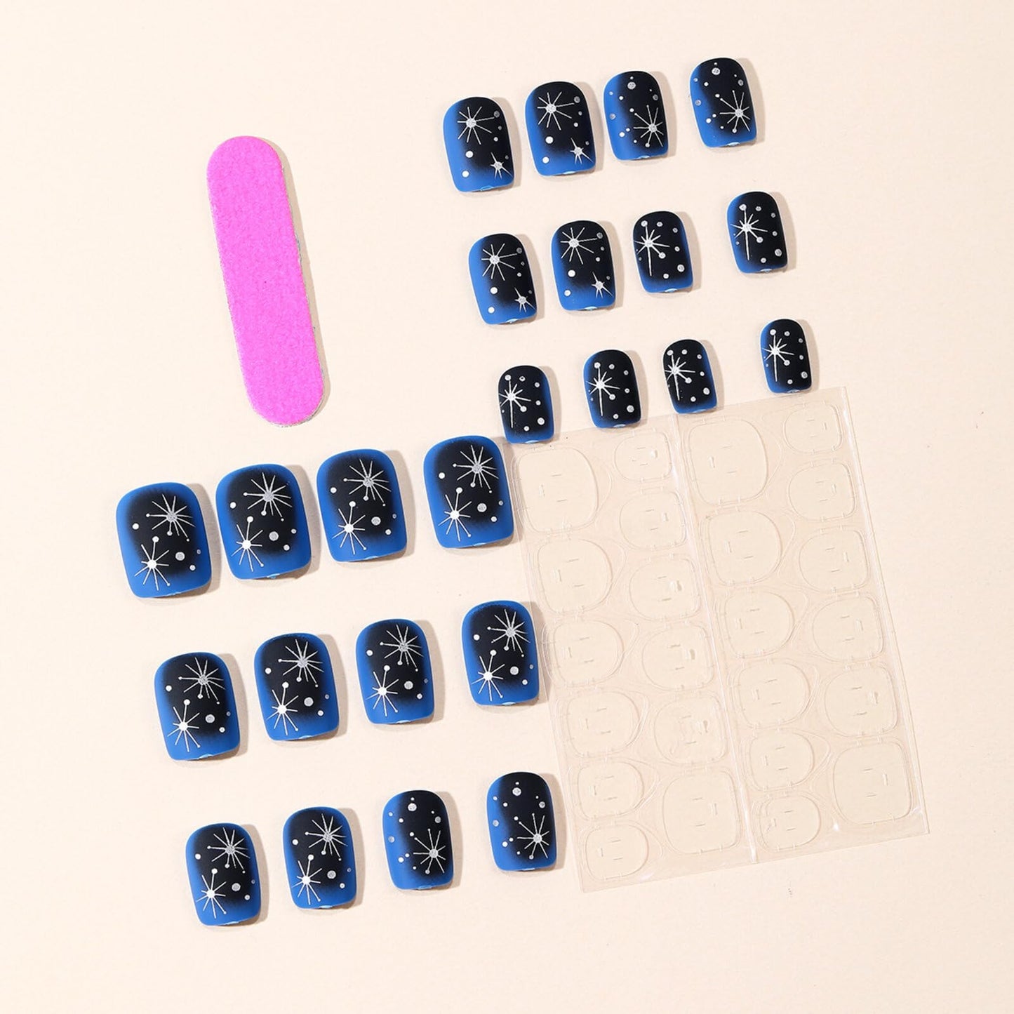 Short Square Press on Nails Deep Navy Matte Base Silver Starburst Accents Delicate Rhinestone Details Smooth Manicure Stick on NailsSuitable for Elegant Unique Stylish Artificial Nails Charming 24 pcs