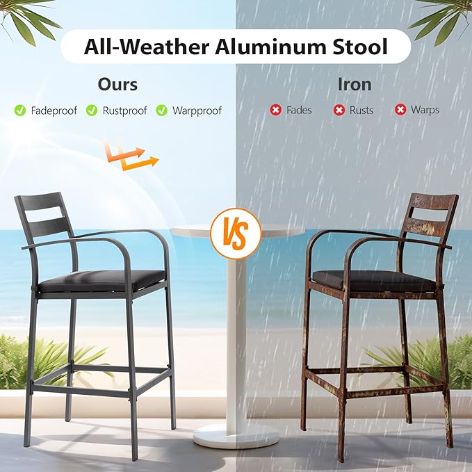 VINGLI 3-Piece Outdoor Bar Set, Aluminum Bar Height Table & 2 Chairs with Cushions, Outdoor Bistro Set for Patio, Backyard, Poolside, Garden(Gray)