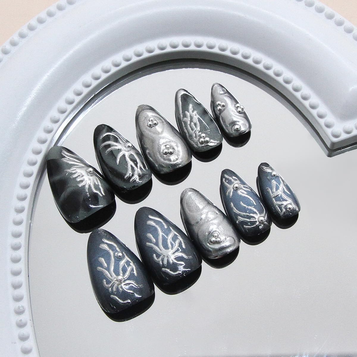 30Pcs Goth Press on Nails Medium Almond Fake Nails 3D Silver Alloy Chrome Glitter Design Y2k Glue on Nails Full Cover Glue on Nails Reusable Handmade Nails Black False Nails for Women Acrylic Nails