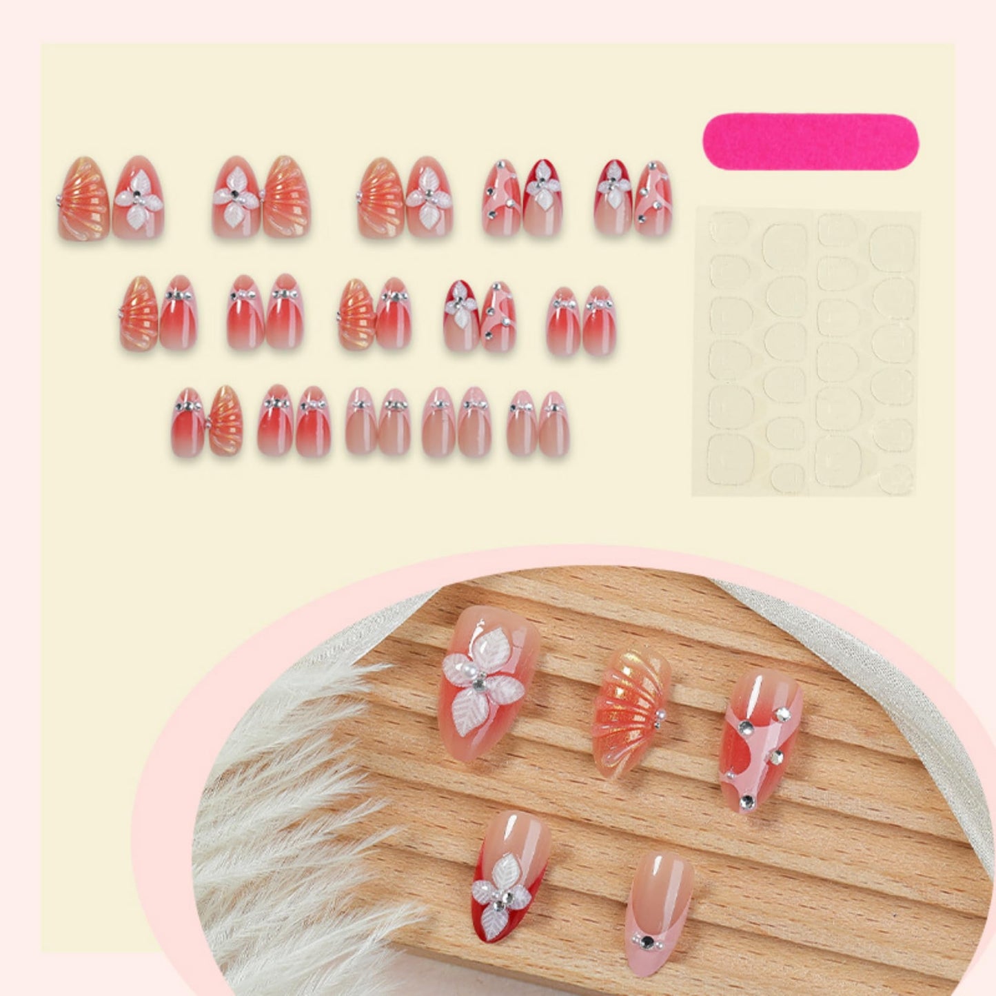 Almond Press on Nails Long Fake Nails Red Artificial Nail SEENEEY Flowers Pearl Cute Stick on Nail for Women 24pcs