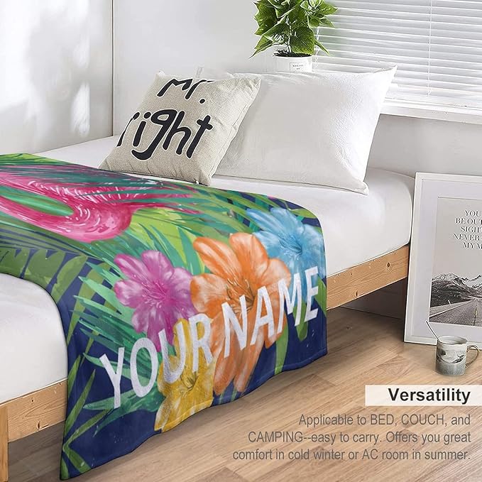 Custom Flamingo Blanket Gifts - 50 x 60 Inches Funny Flamingo Throw - Green Fluffy Warm Cozy Blankets for Sofa