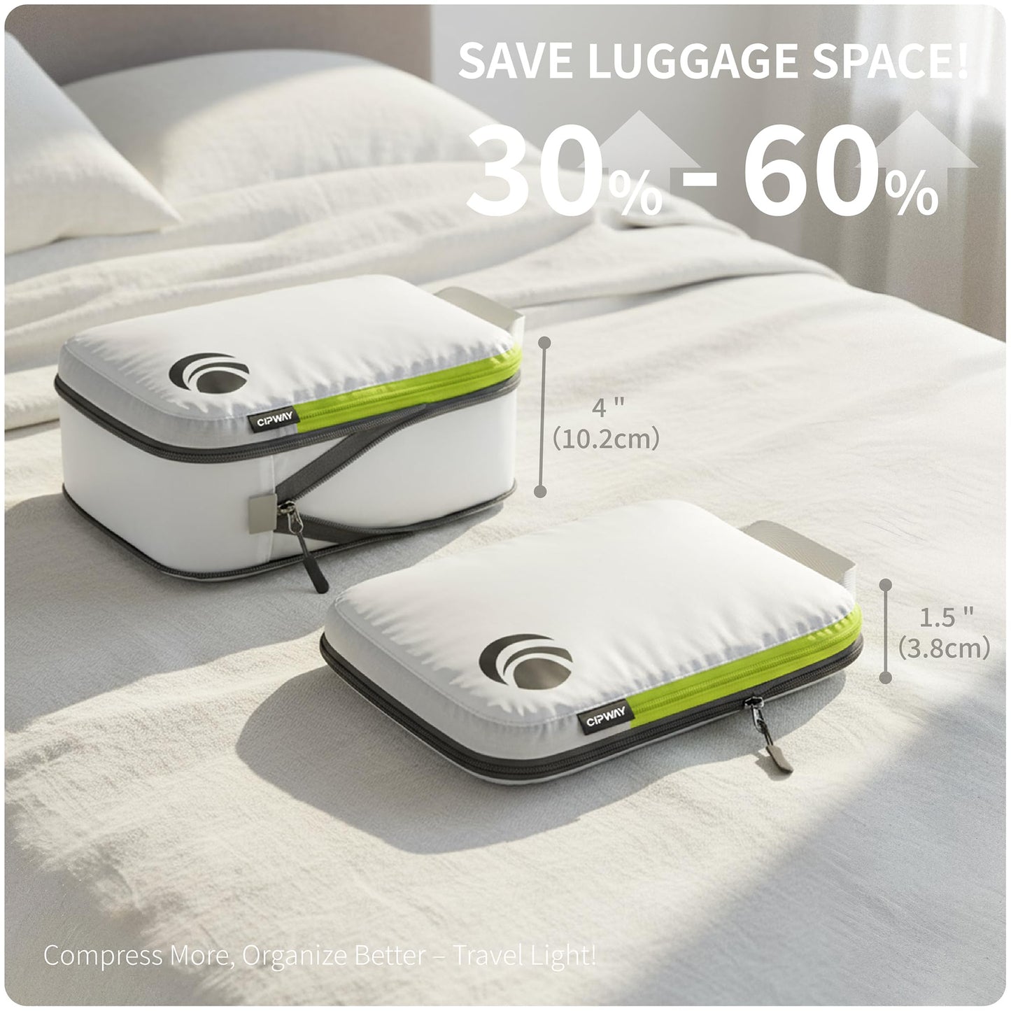 Cipway - 5 Set Compression Packing Cubes for Travel, Ultralight Packing Organizers for Luggage Suitcase & Backpack (White), L