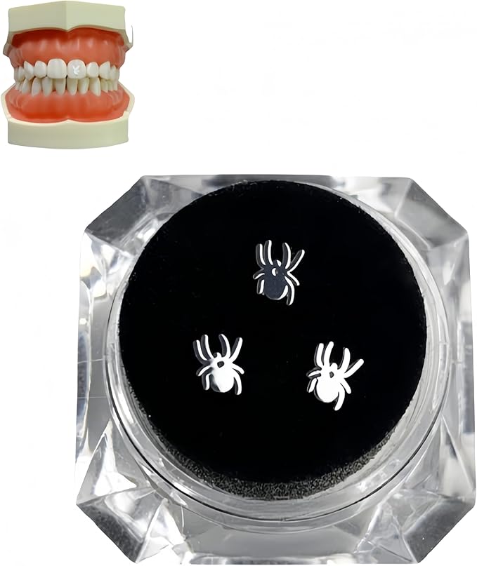 Tooth Gems Silver Alloy Ultra-Thin 3-Pack Reusable Trendy Spider Butterfly Rabbit Multi-Use Women Party Nail Art (Silver,Spider)