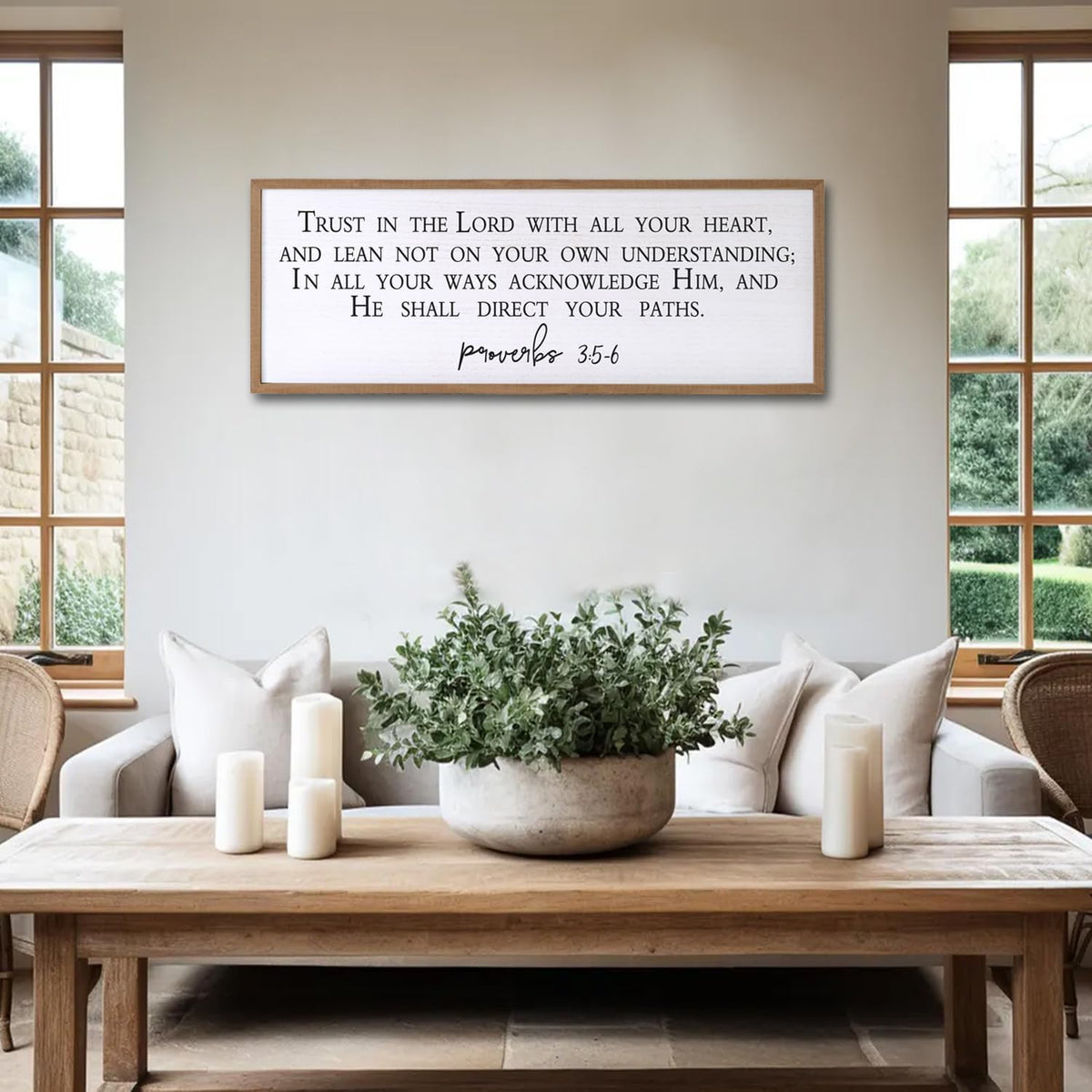 Trust in the Lord With All Thine Heart Wall Decor Art Bible Verse Sign Proverbs 3:5-6 Framed Wood 32X12 Inch For Scripture Christian Hanging (Wood)