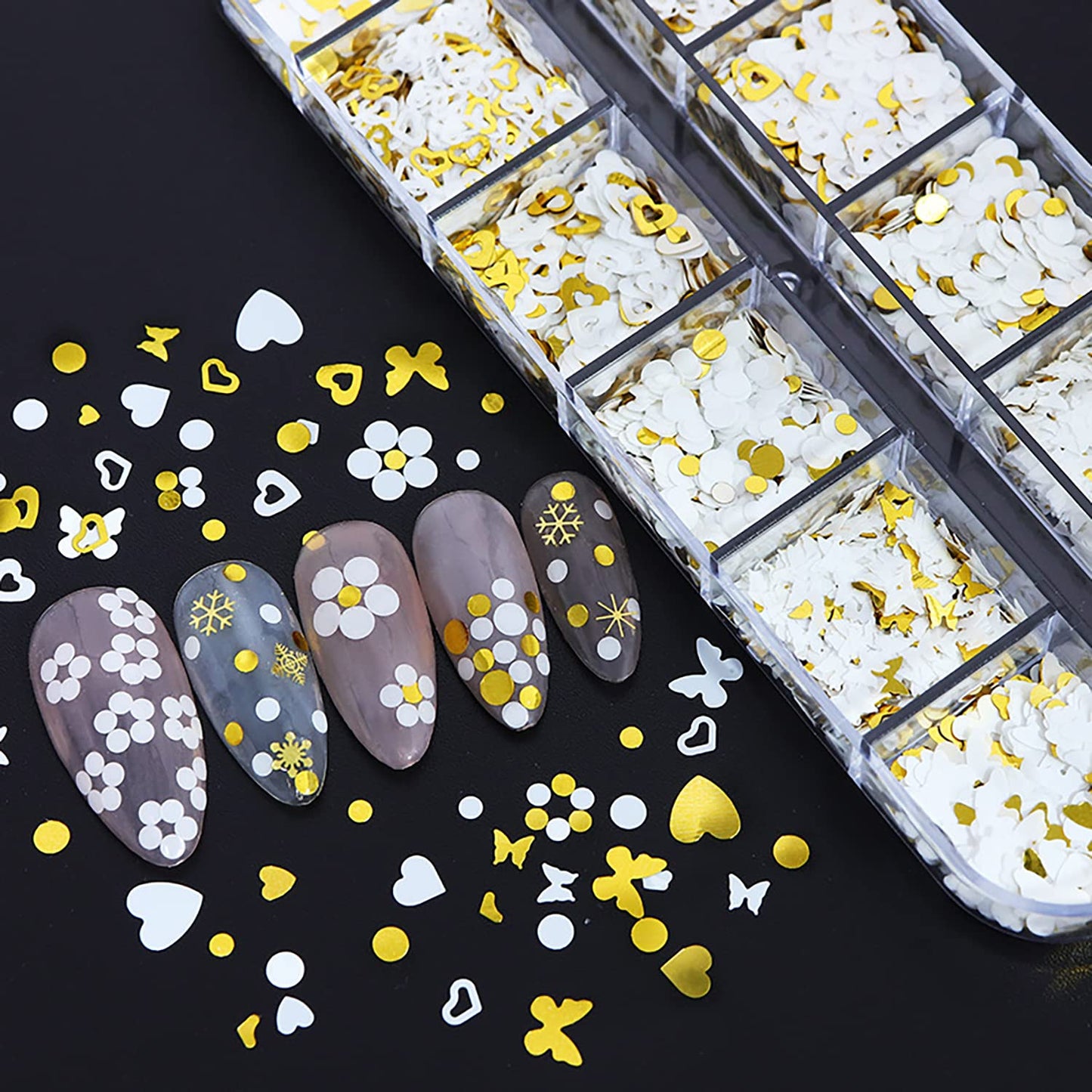 Vezocim Holographic Nail Art Glitter Sequins, 3D Gold White Glitter Flakes Nail Art Designs, Love Heart Butterfly Circle Acrylic Nails Supplies for Women Girls Manicure Decorations