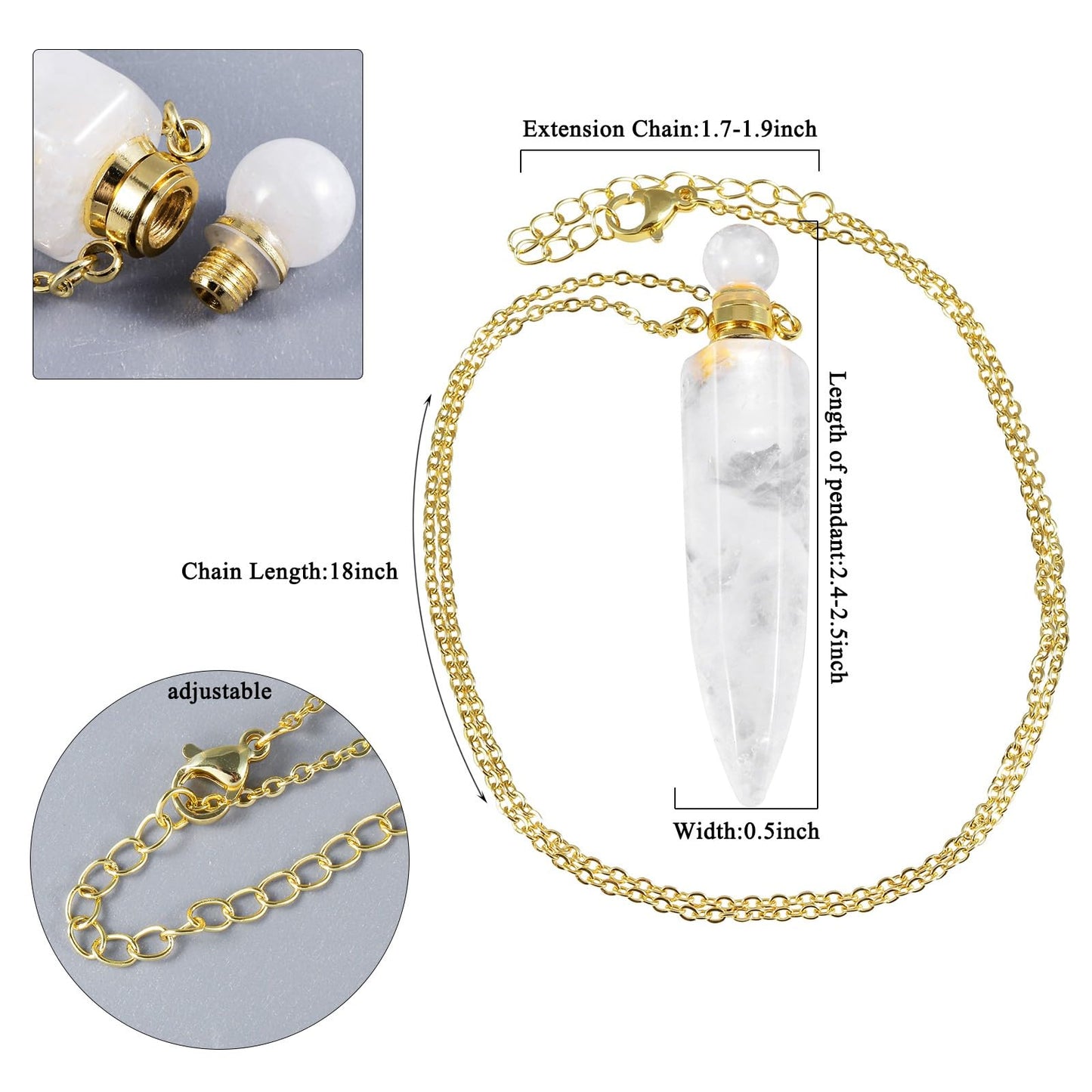 SUNYIK Crystal Essential Oil Diffuser Pendant Necklace for Women Men Polished Stone Point Perfume Bottle Pendant with Chain 18", Rock Quartz