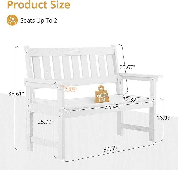 LUE BONA Outdoor Bench, 2-Person HDPS Garden Bench, Outdoor Benches Weatherproof, All-Weather Fade/Rot Resistant Patio Bench for Park, Front Porch, Backyard (White)