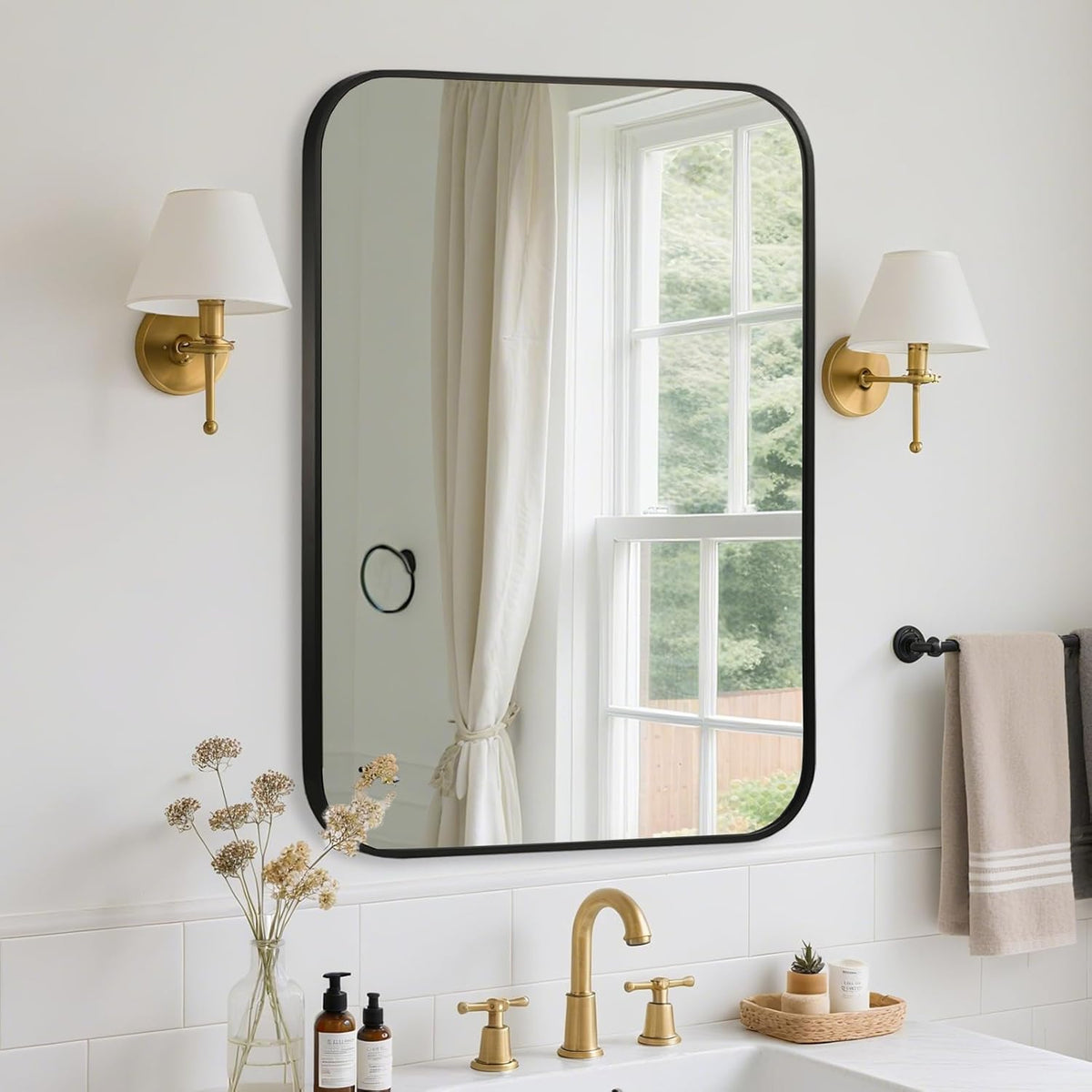 FARMER 24x36 Inch Black Bathroom Mirror, Rectangle Vanity Mirror, Brushed Mirrors for Wall, Metal Frame Hanging Mirror with Round Corner for Bedrooms, Entryways, Living Rooms, Horizontal/Vertical
