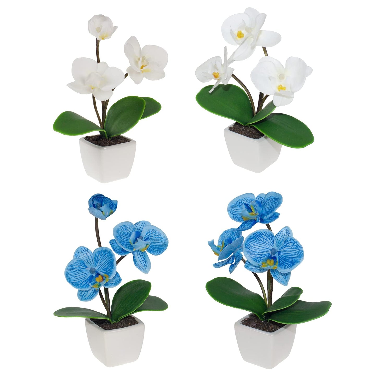 BINFEN Mini Artificial Silk Orchid Potted Flowers - 4pcs Real Touch Fake Small Plants in Ceramic Vase for Home Office Bathroom Living Room,Tiny Faux Table Shelf Decor White & Blue
