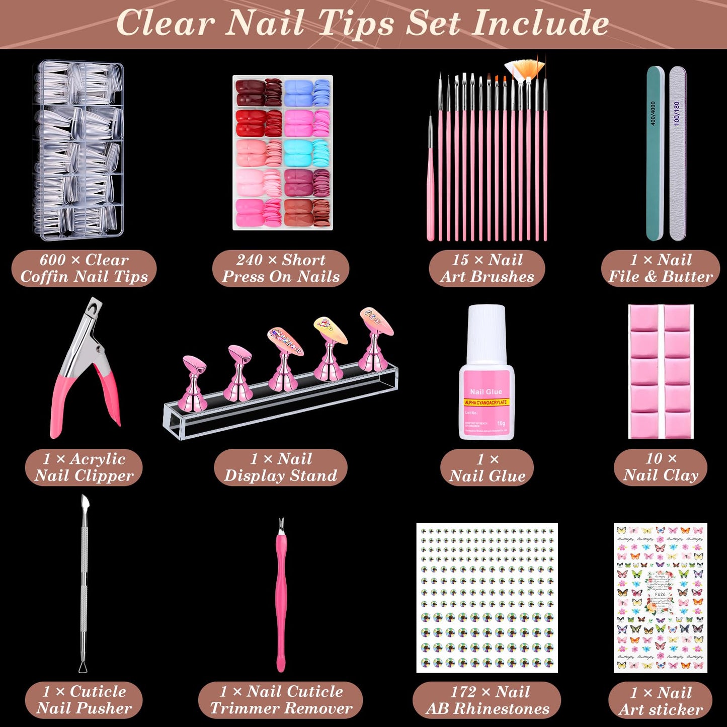 600PCS Clear Coffin Nail Tips and 240PCS Short Press On Nails Set, Clear Acrylic Nail Tips with Glue, Nail Art Brushes and Nail Display Stand, Nail Tips for Salons and Home DIY Nail Art