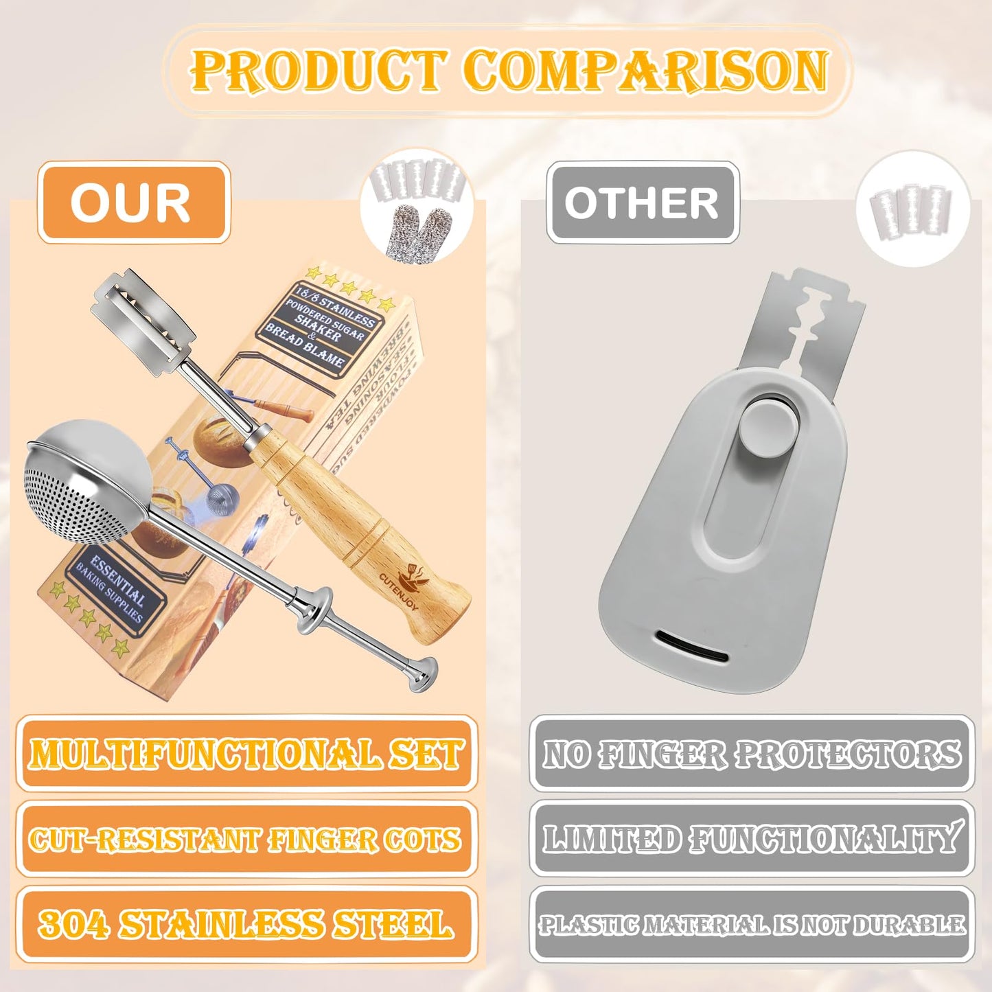 CUTENJOY Bread Lame and Flour Duster, 304 Stainless Steel Bread Baking Supplies with Razor Blades & Leather Cover, Professional Bread Scoring Knife, Flour Duster for Baking