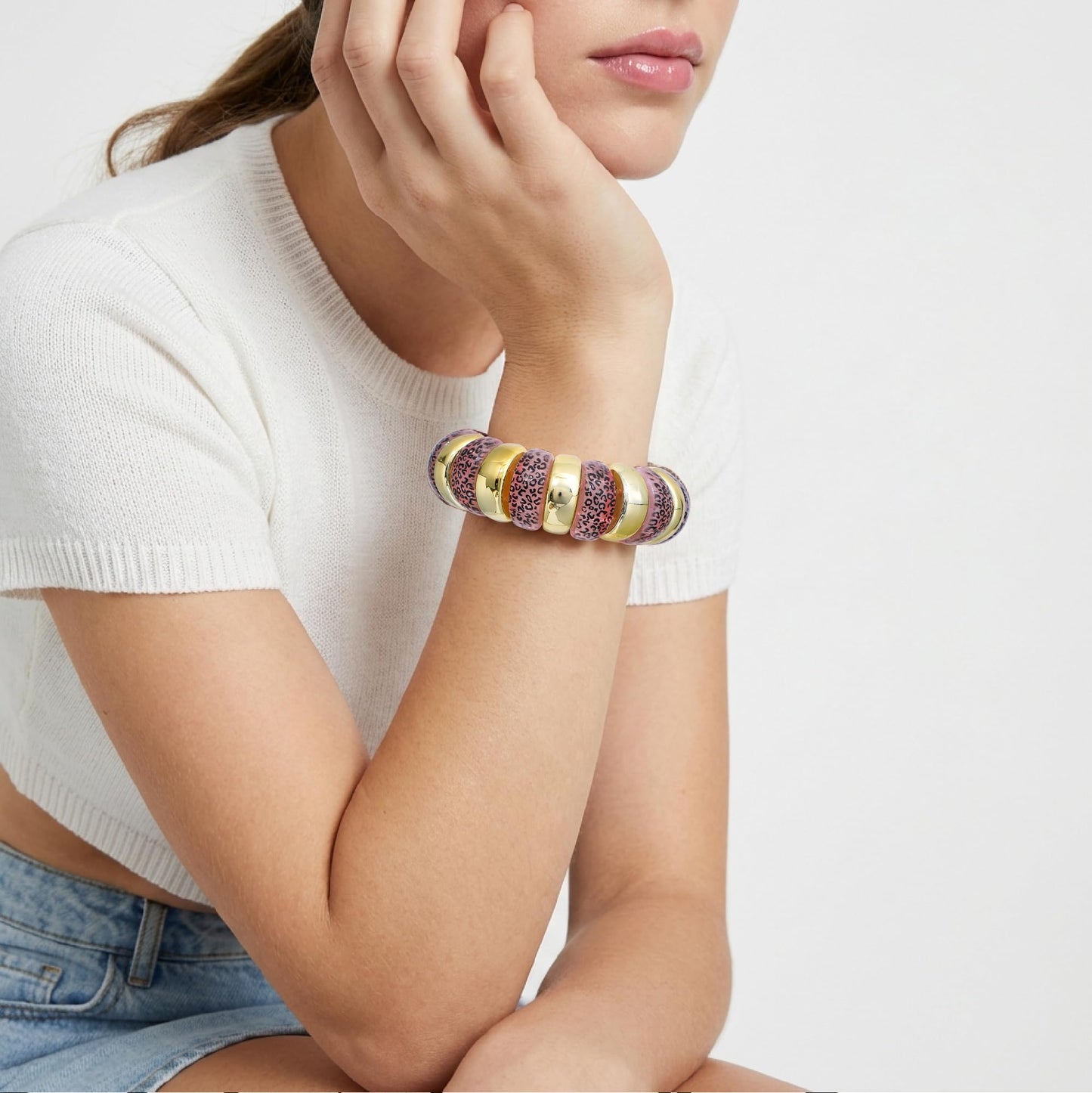 GOOJIDS Leopard Beaded Gold Plated Bangles Bracelet Chunky Bamboo Tube Curved Stacking Clear Acrylic Colorful Beads Stretchable Plated Bracelets Set For Women